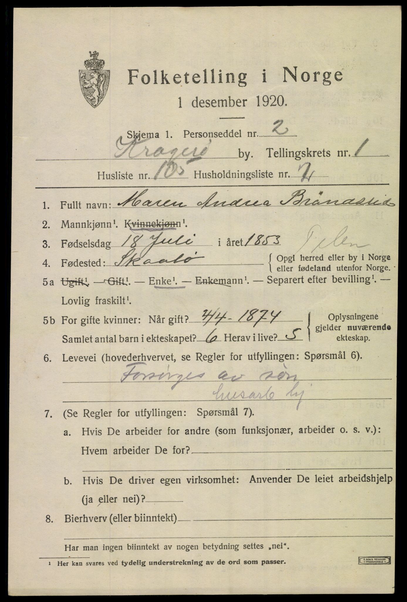 SAKO, 1920 census for Kragerø, 1920, p. 5341