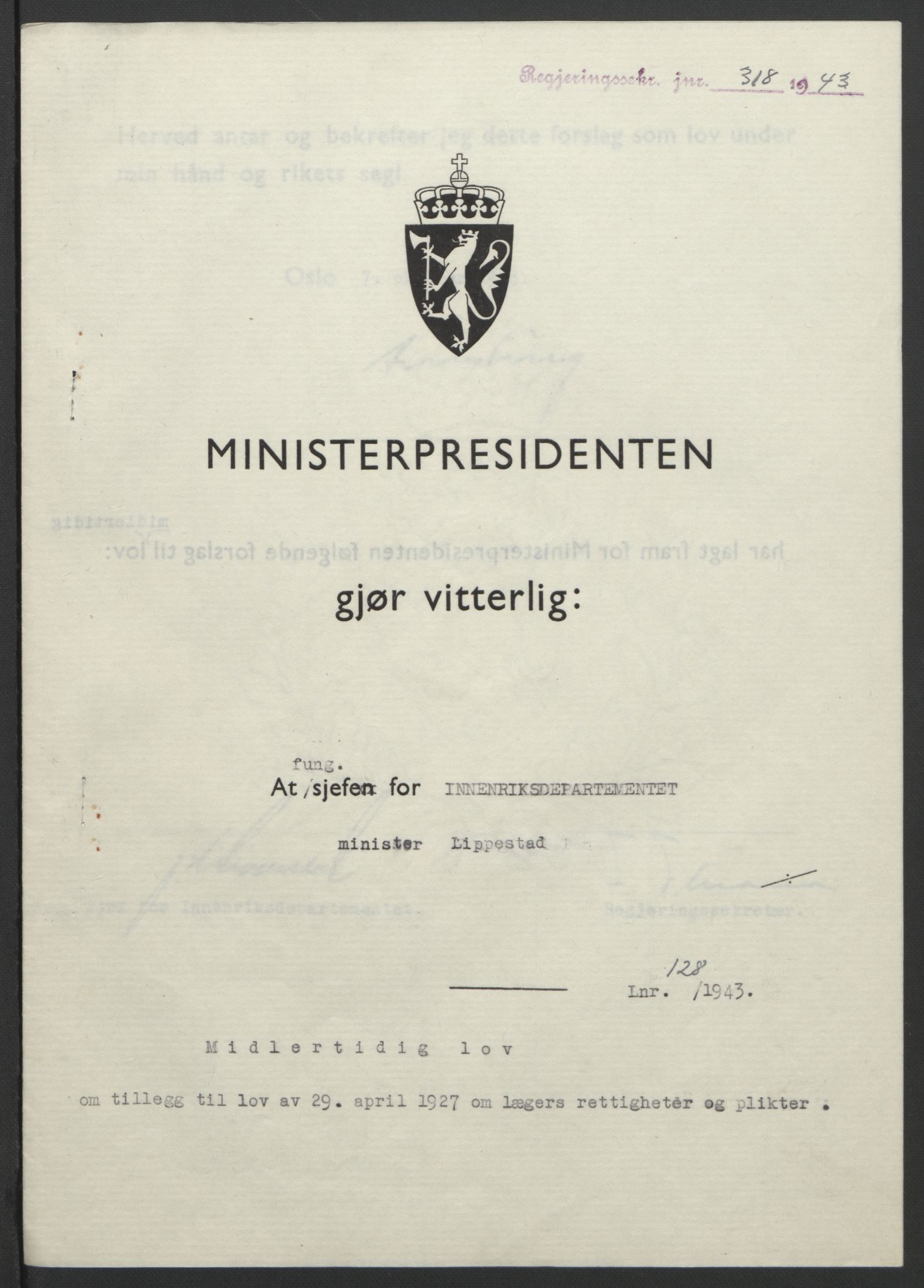 NS-administrasjonen 1940-1945 (Statsrådsekretariatet, de kommisariske statsråder mm), RA/S-4279/D/Db/L0099: Lover, 1943, p. 599