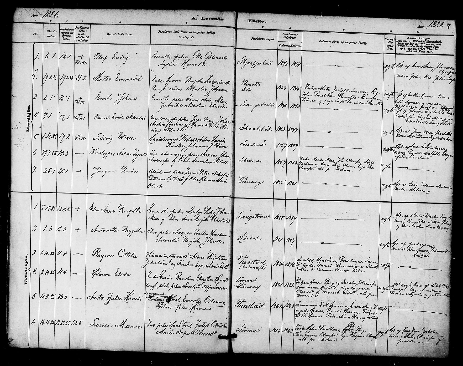 Ministerialprotokoller, klokkerbøker og fødselsregistre - Nordland, AV/SAT-A-1459/893/L1337: Parish register (official) no. 893A09, 1885-1893, p. 7