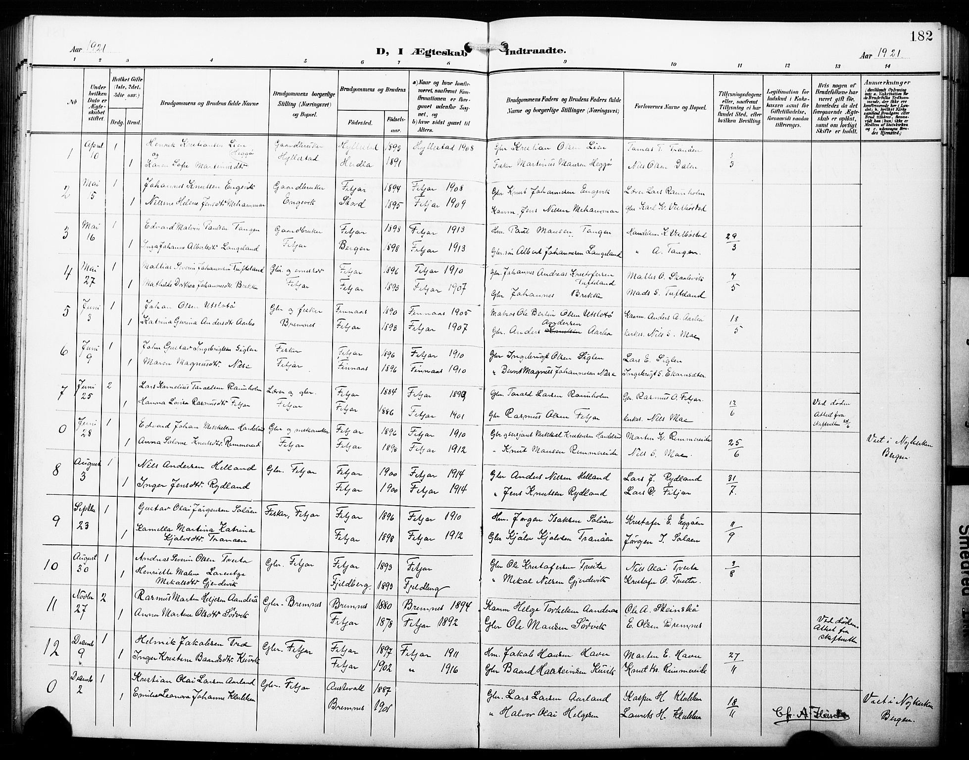 Fitjar sokneprestembete, SAB/A-99926: Parish register (copy) no. B 1, 1906-1928, p. 182