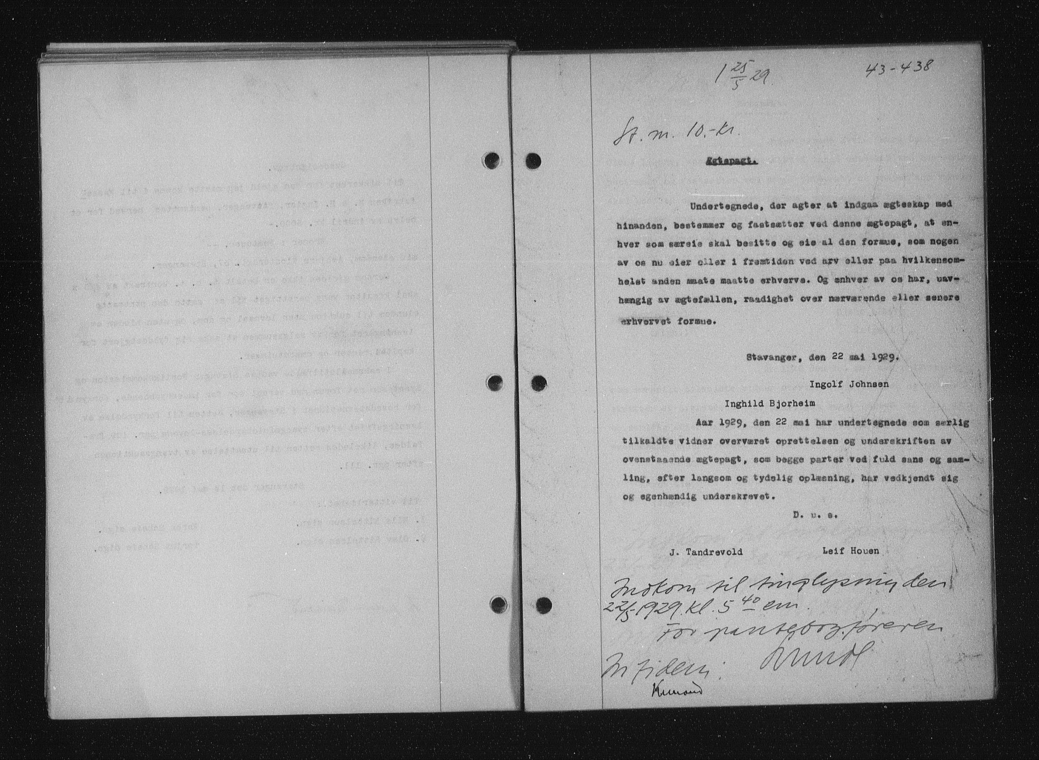 Stavanger byfogd, SAST/A-101408/001/4/41/410/410BB/L0055: Mortgage book no. 43, 1928-1929, Deed date: 25.05.1929