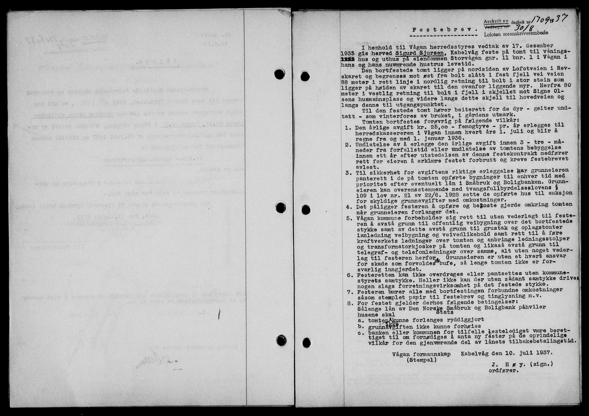 Lofoten sorenskriveri, SAT/A-0017/1/2/2C/L0002a: Mortgage book no. 2a, 1937-1937, Diary no: : 1709/1937