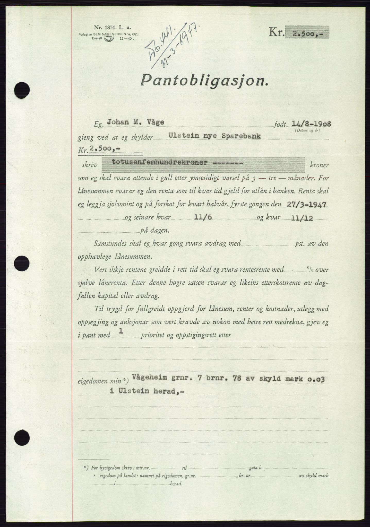 Søre Sunnmøre sorenskriveri, AV/SAT-A-4122/1/2/2C/L0114: Mortgage book no. 1-2B, 1943-1947, Diary no: : 441/1947