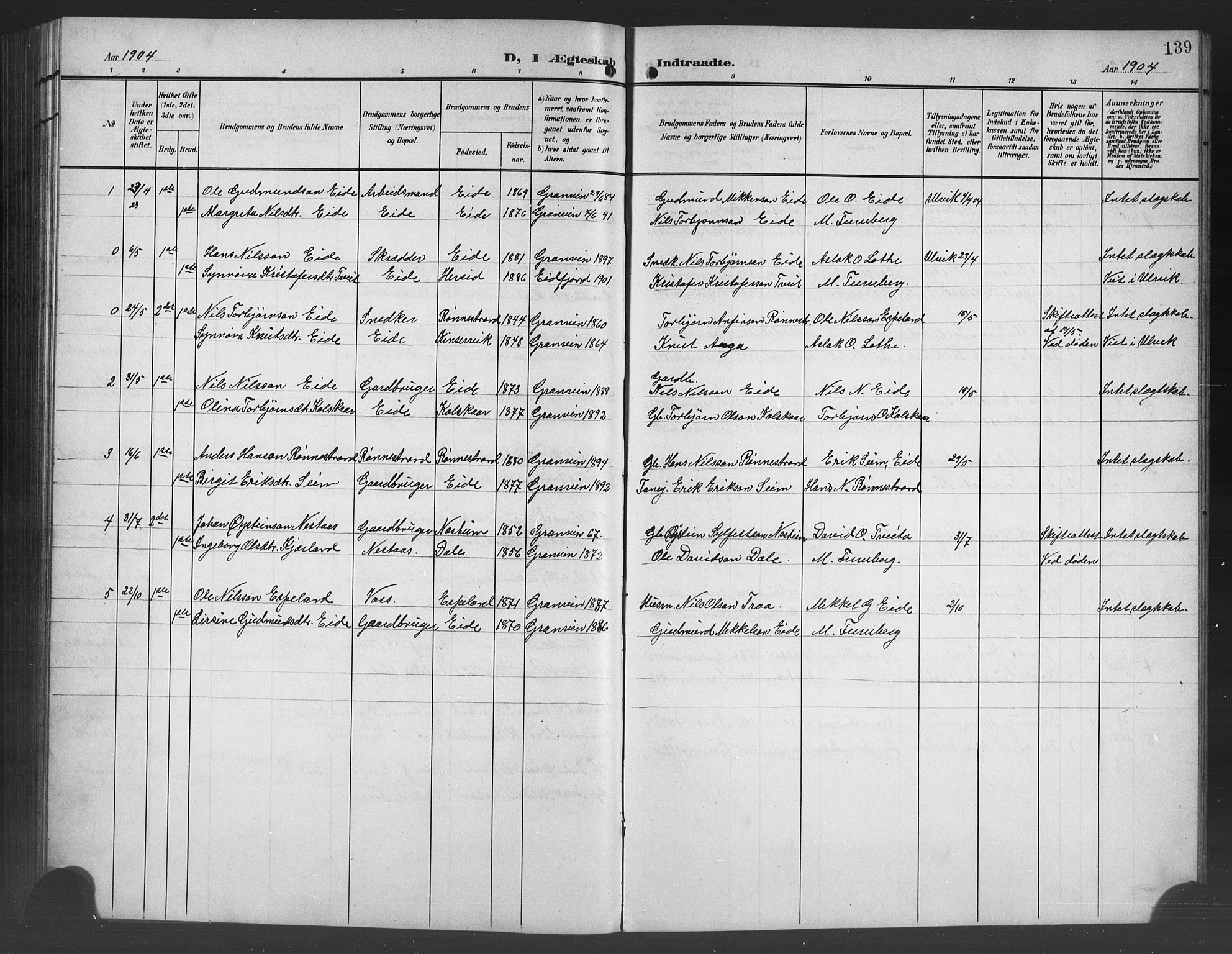 Ulvik sokneprestembete, SAB/A-78801/H/Hab: Parish register (copy) no. B 4, 1902-1923, p. 139