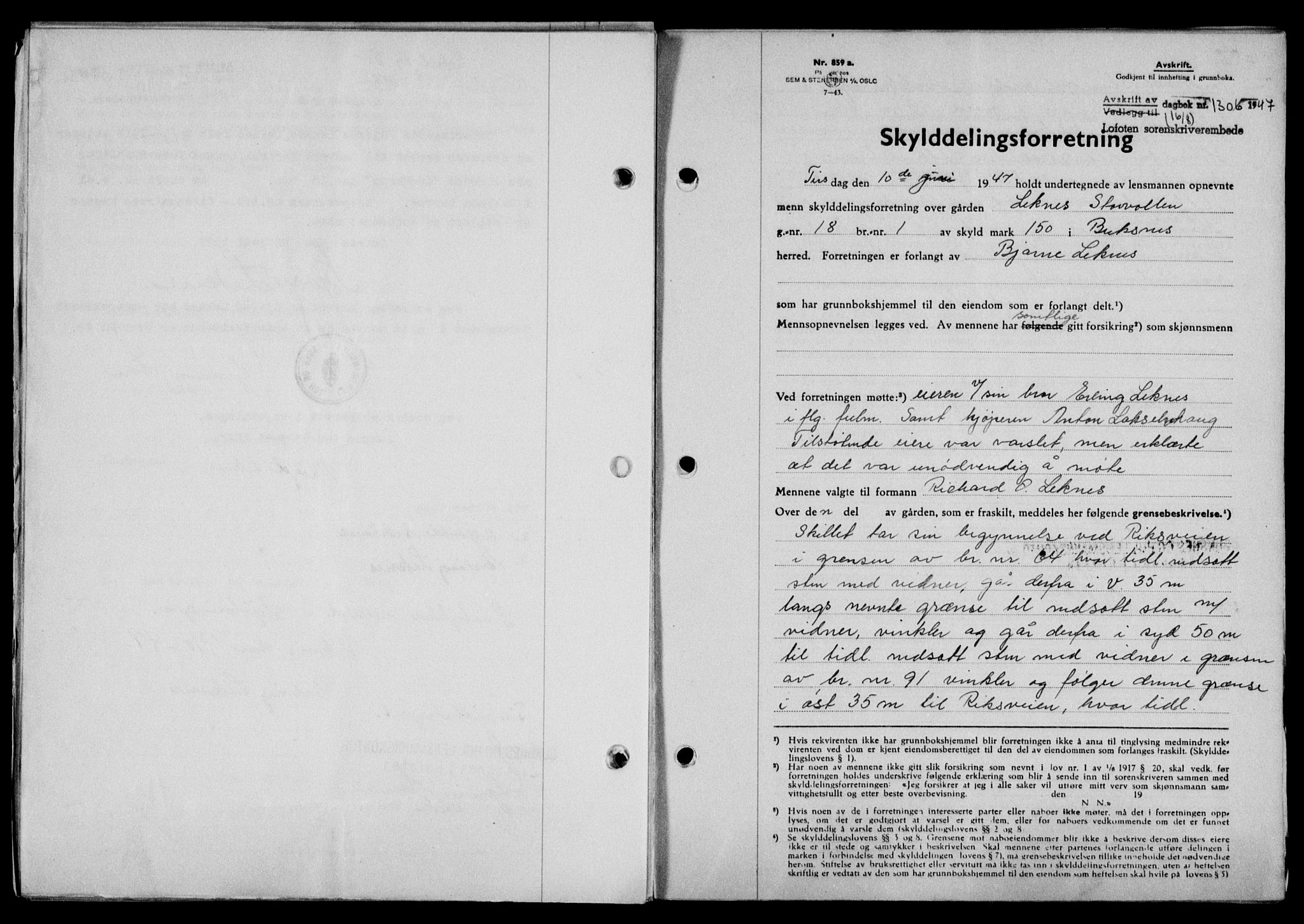 Lofoten sorenskriveri, SAT/A-0017/1/2/2C/L0016a: Mortgage book no. 16a, 1947-1947, Diary no: : 1306/1947