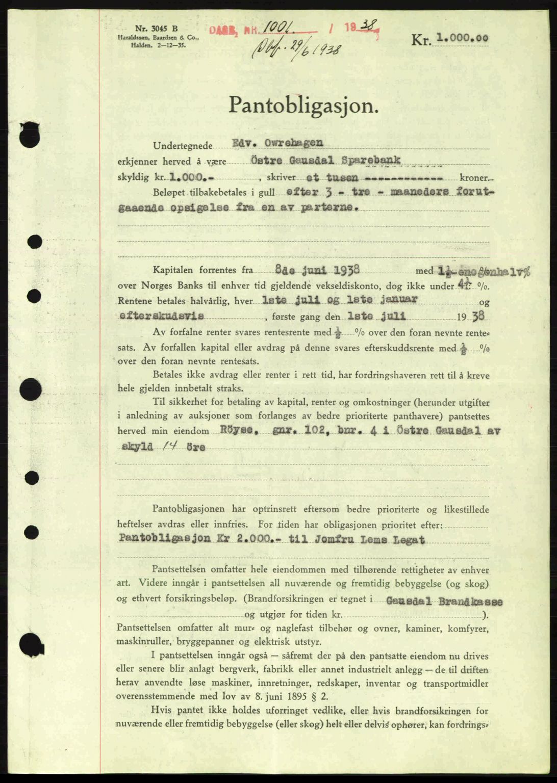 Sør-Gudbrandsdal tingrett, SAH/TING-004/H/Hb/Hbe/L0001: Mortgage book no. B1, 1936-1939, Diary no: : 1001/1938