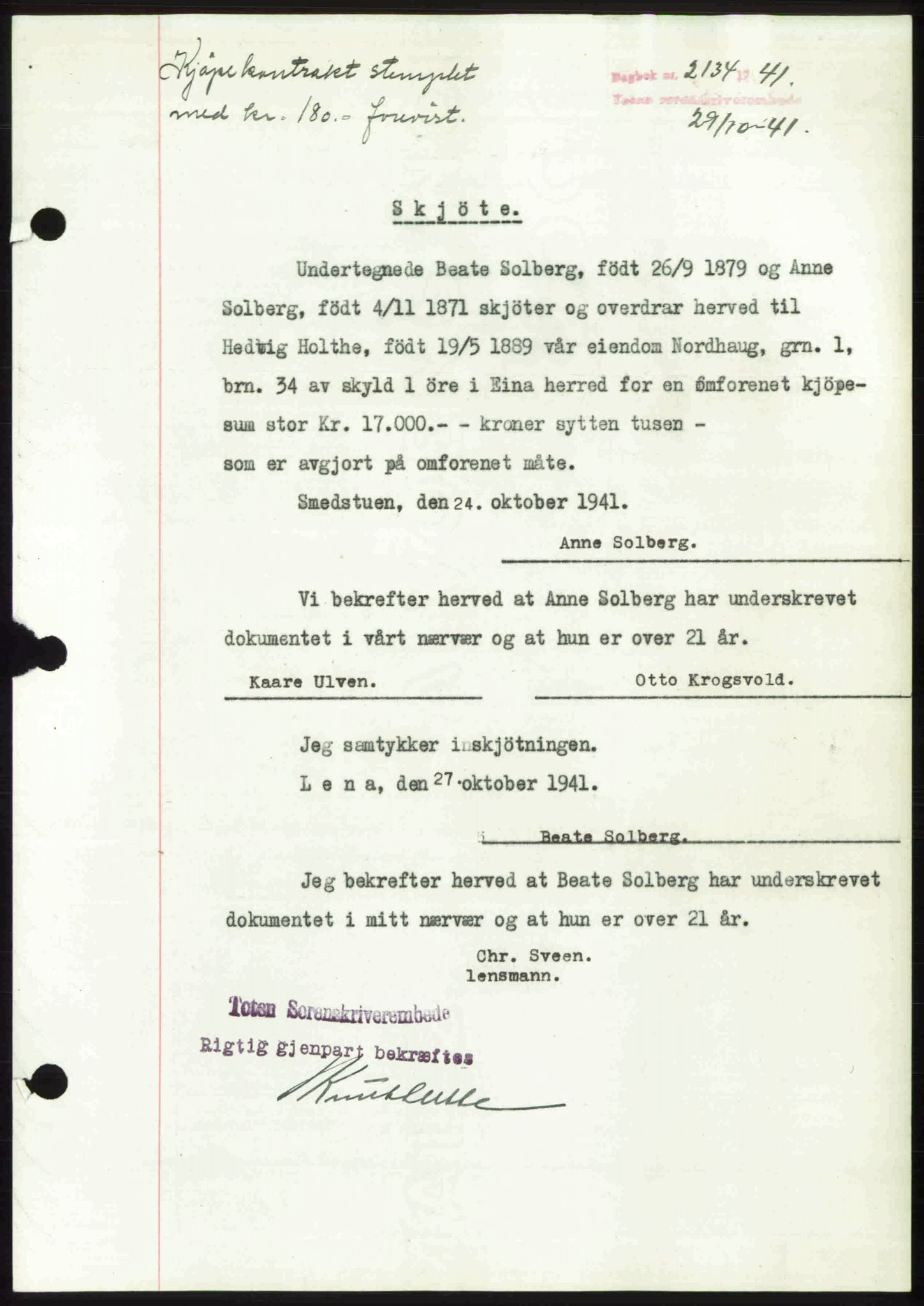 Toten tingrett, SAH/TING-006/H/Hb/Hbc/L0008: Mortgage book no. Hbc-08, 1941-1941, Diary no: : 2134/1941