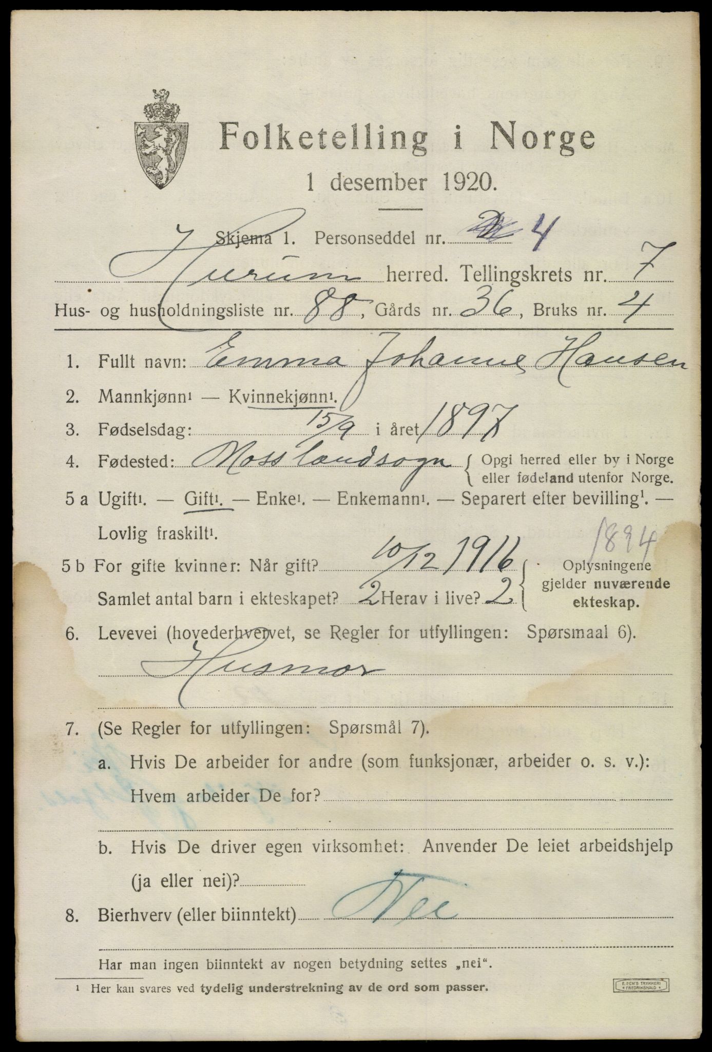 SAKO, 1920 census for Hurum, 1920, p. 10104
