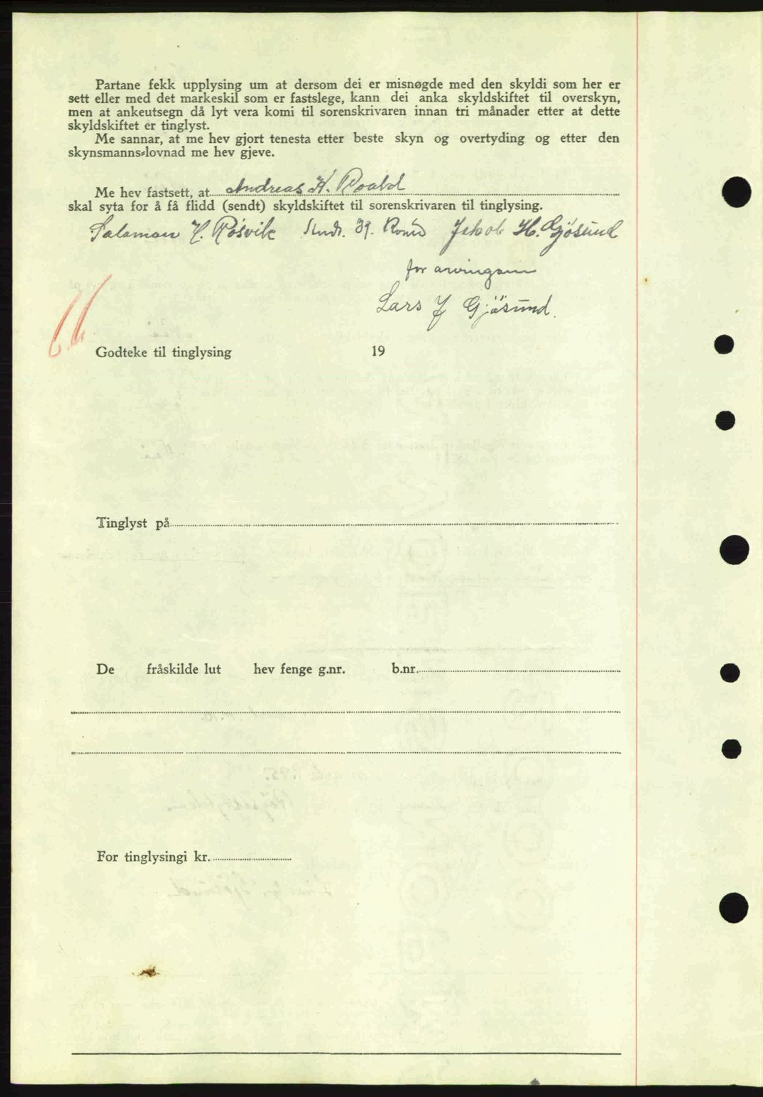 Nordre Sunnmøre sorenskriveri, AV/SAT-A-0006/1/2/2C/2Ca: Mortgage book no. A9, 1940-1940, Diary no: : 1234/1940