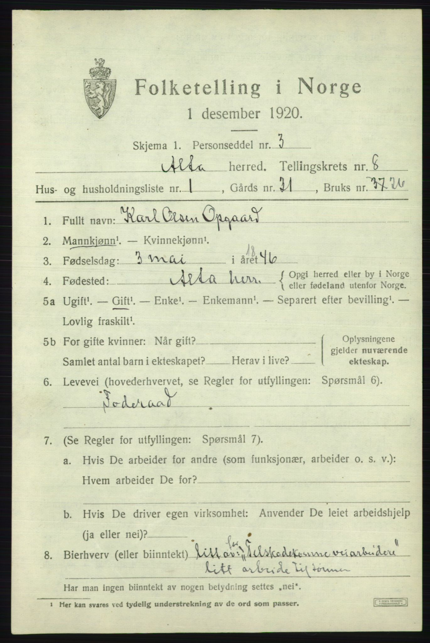 SATØ, 1920 census for Alta, 1920, p. 6051