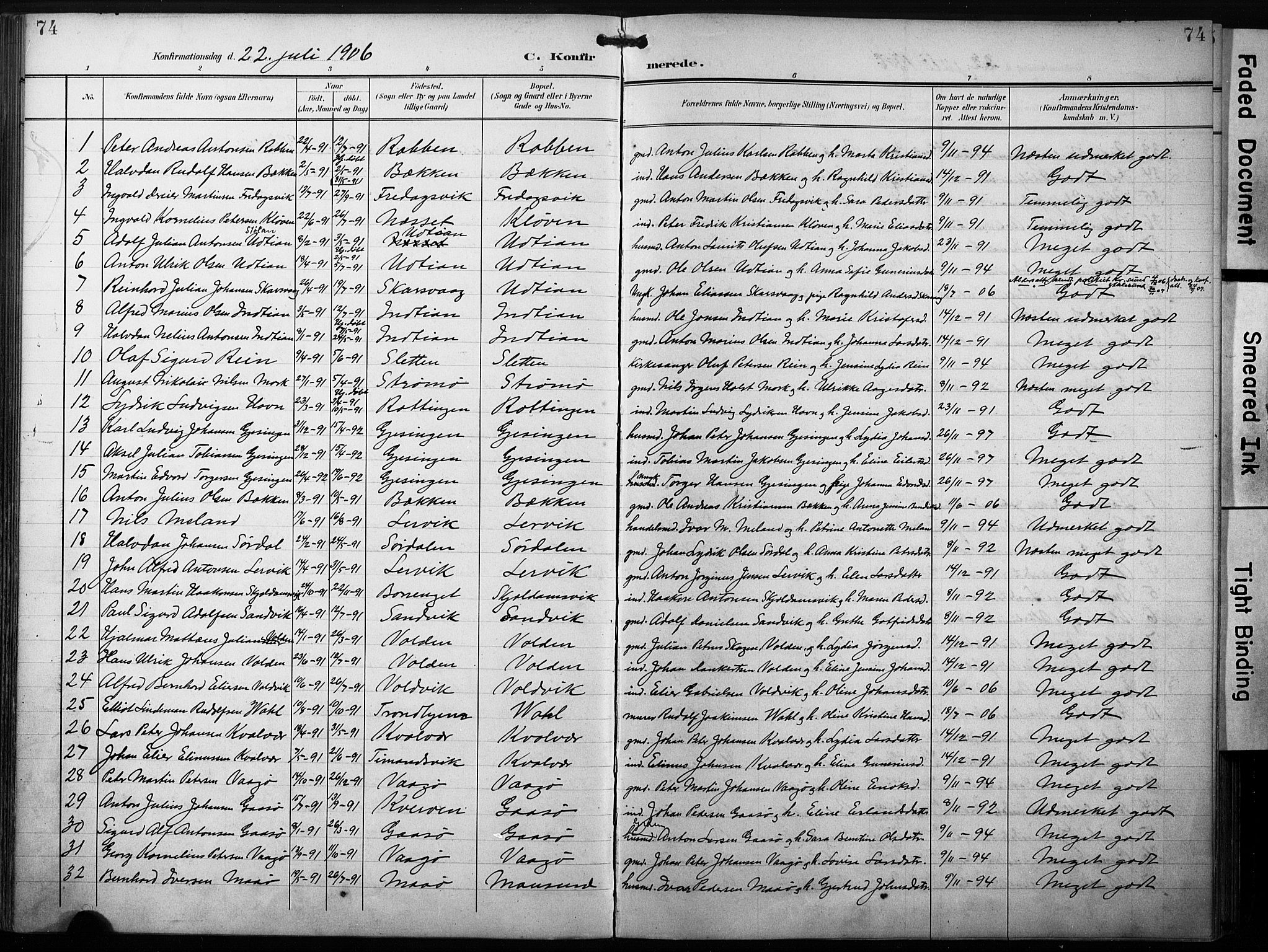 Ministerialprotokoller, klokkerbøker og fødselsregistre - Sør-Trøndelag, AV/SAT-A-1456/640/L0580: Parish register (official) no. 640A05, 1902-1910, p. 74