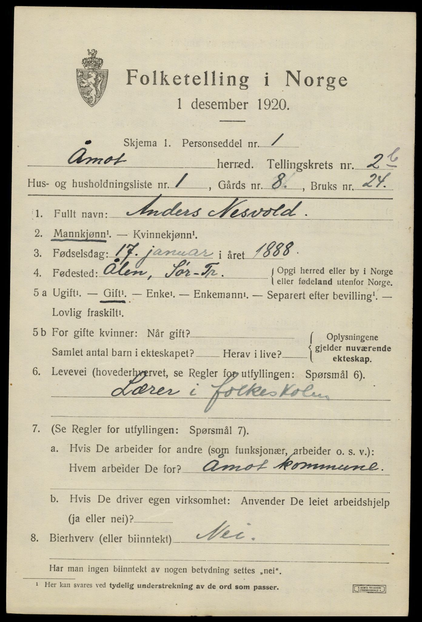 SAH, 1920 census for Åmot, 1920, p. 3833