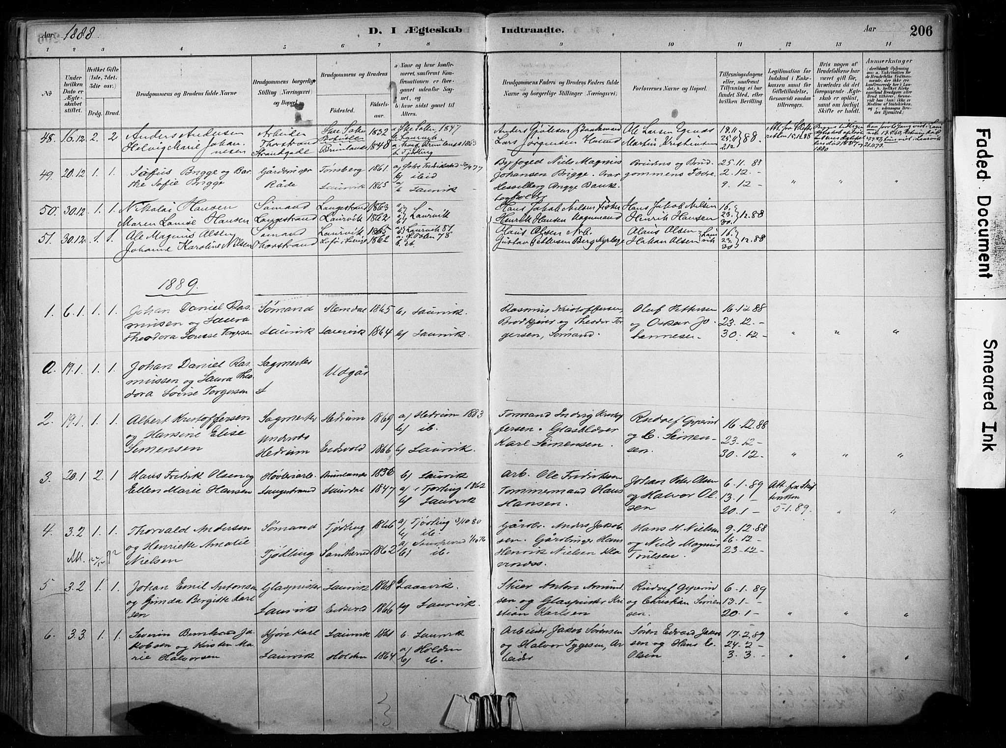 Larvik kirkebøker, AV/SAKO-A-352/F/Fa/L0008: Parish register (official) no. I 8, 1884-1902, p. 206