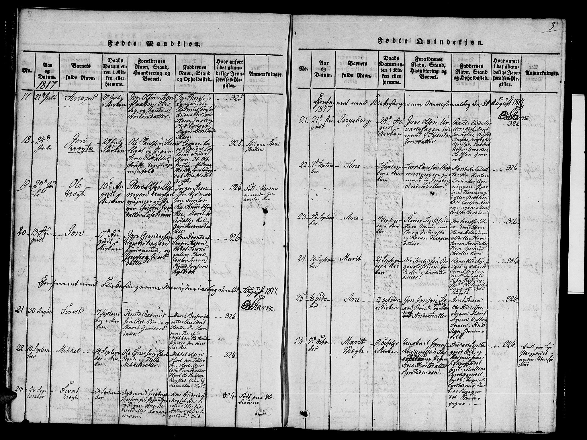 Ministerialprotokoller, klokkerbøker og fødselsregistre - Sør-Trøndelag, SAT/A-1456/672/L0853: Parish register (official) no. 672A06 /1, 1816-1829, p. 9