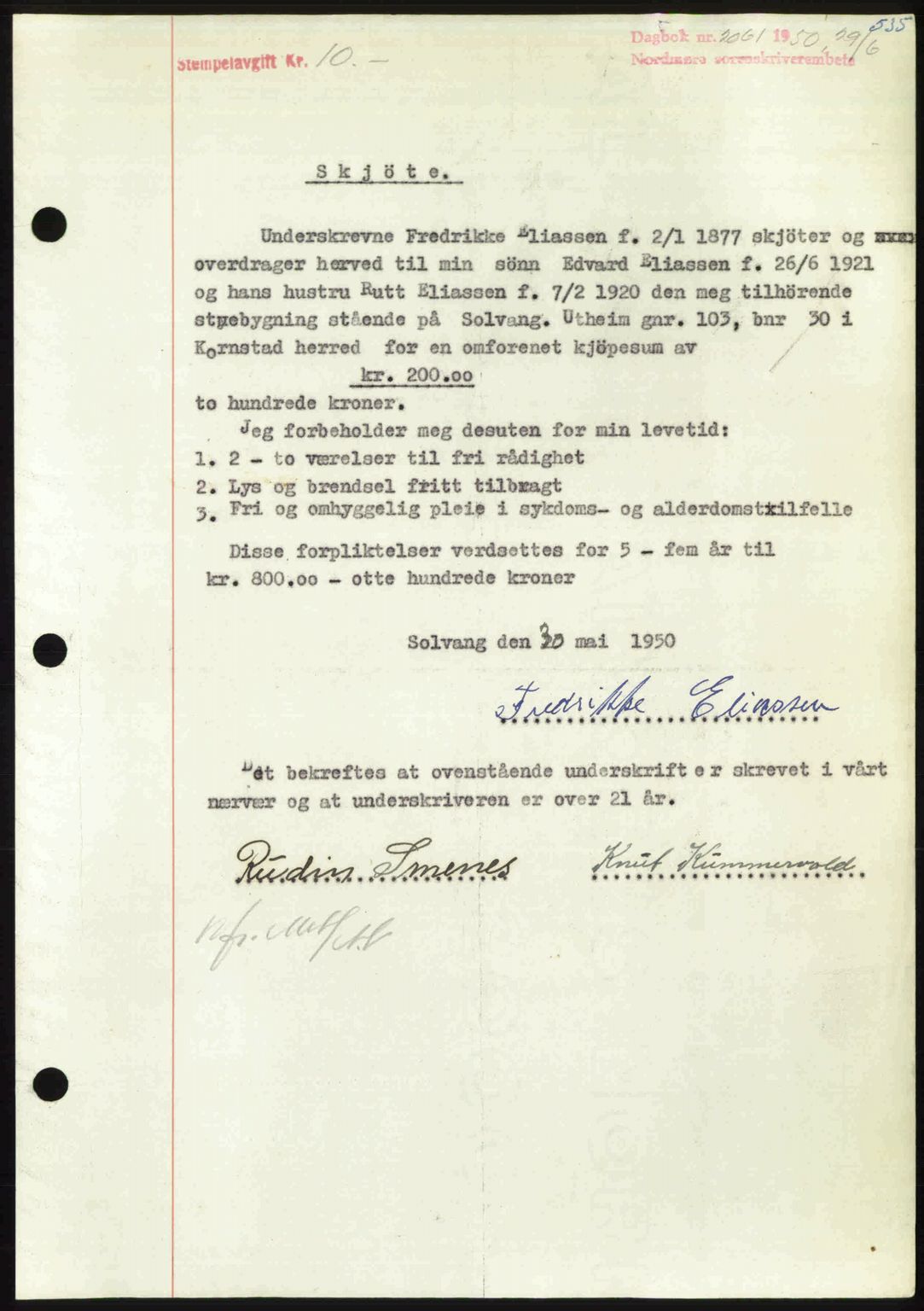 Nordmøre sorenskriveri, AV/SAT-A-4132/1/2/2Ca: Mortgage book no. A115, 1950-1950, Diary no: : 2061/1950