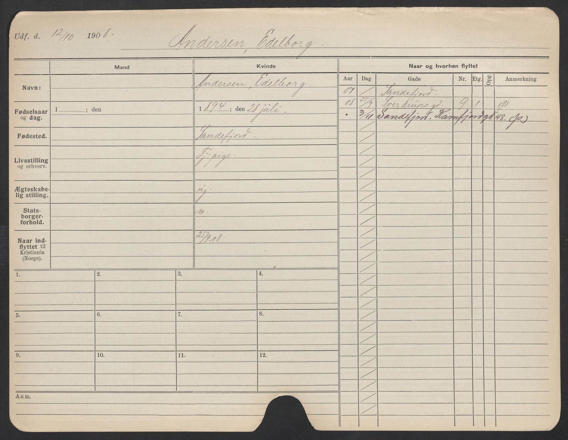 Oslo folkeregister, Registerkort, SAO/A-11715/F/Fa/Fac/L0012: Kvinner, 1906-1914, p. 353a