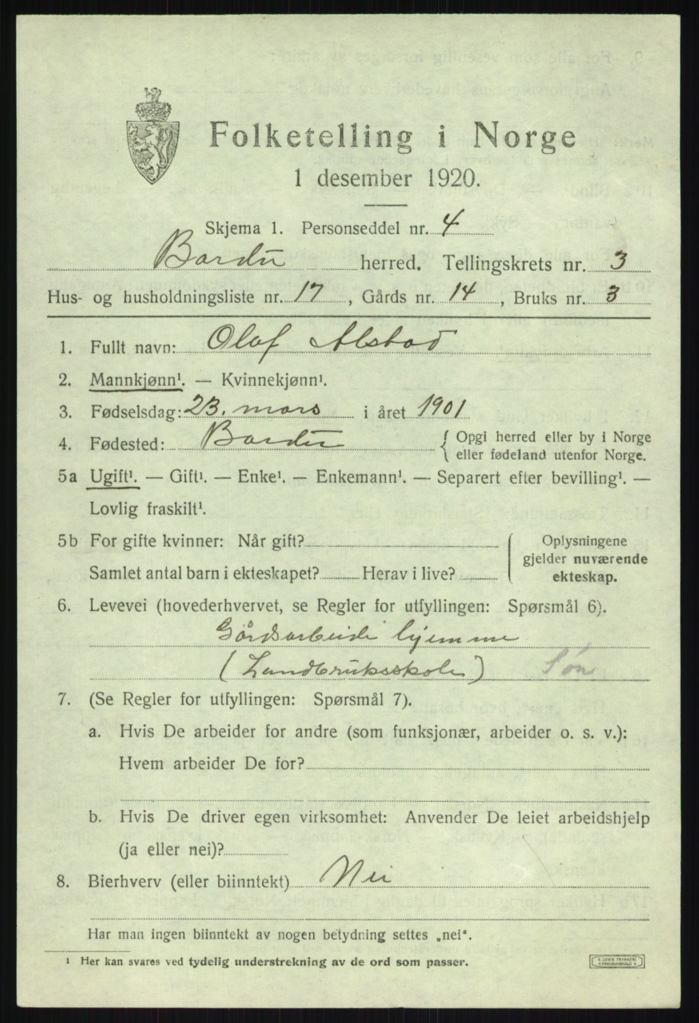 SATØ, 1920 census for Bardu, 1920, p. 1429