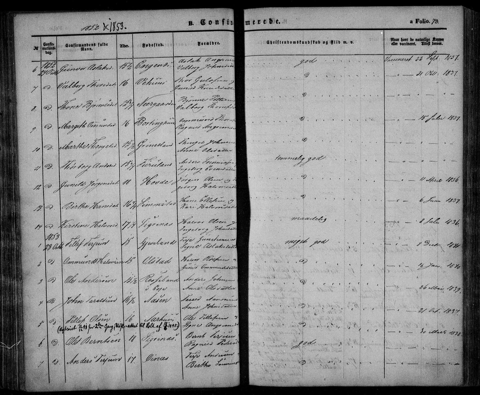 Åmli sokneprestkontor, AV/SAK-1111-0050/F/Fa/Fac/L0008: Parish register (official) no. A 8, 1852-1869, p. 73