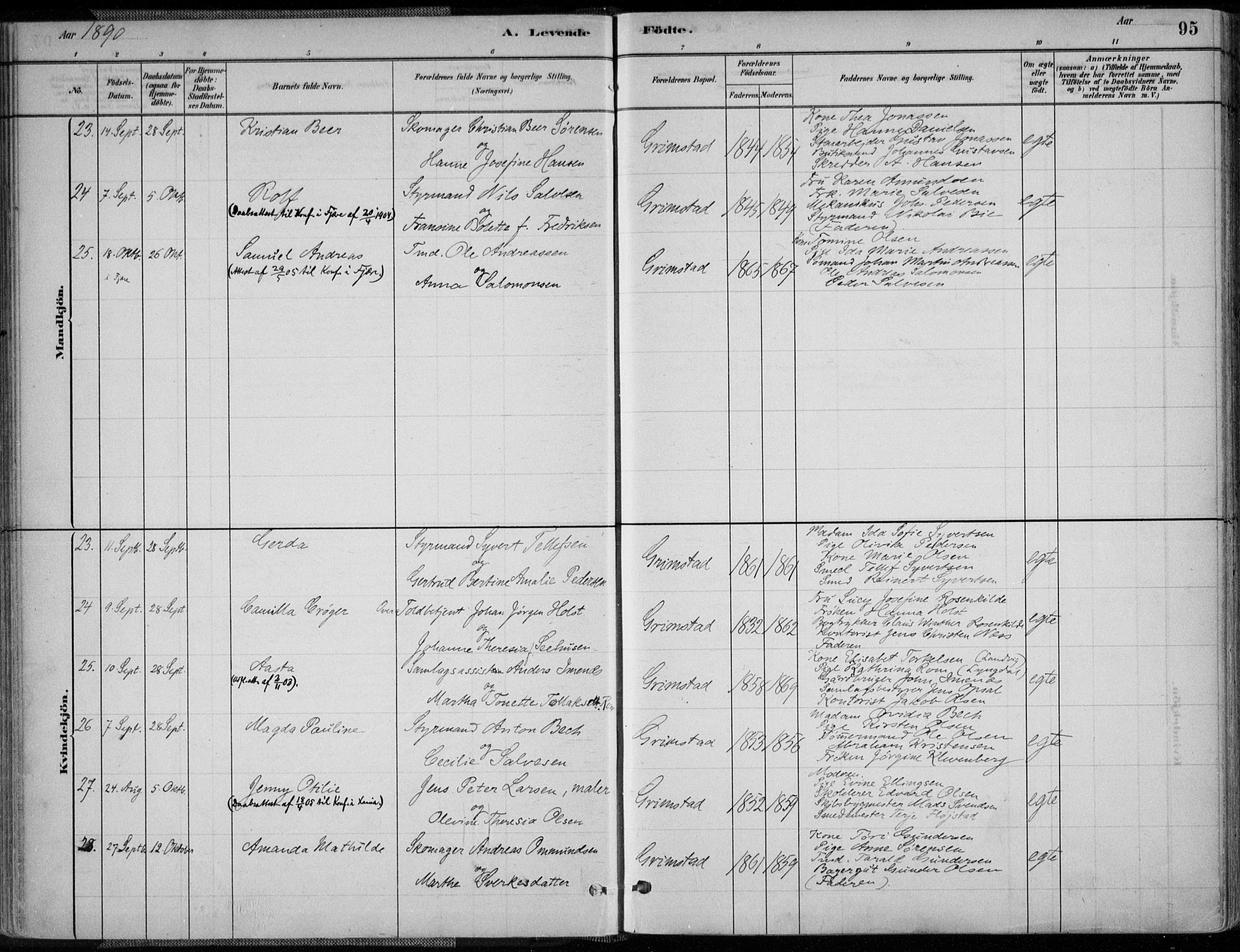 Grimstad sokneprestkontor, AV/SAK-1111-0017/F/Fa/L0003: Parish register (official) no. A 2, 1882-1912, p. 95