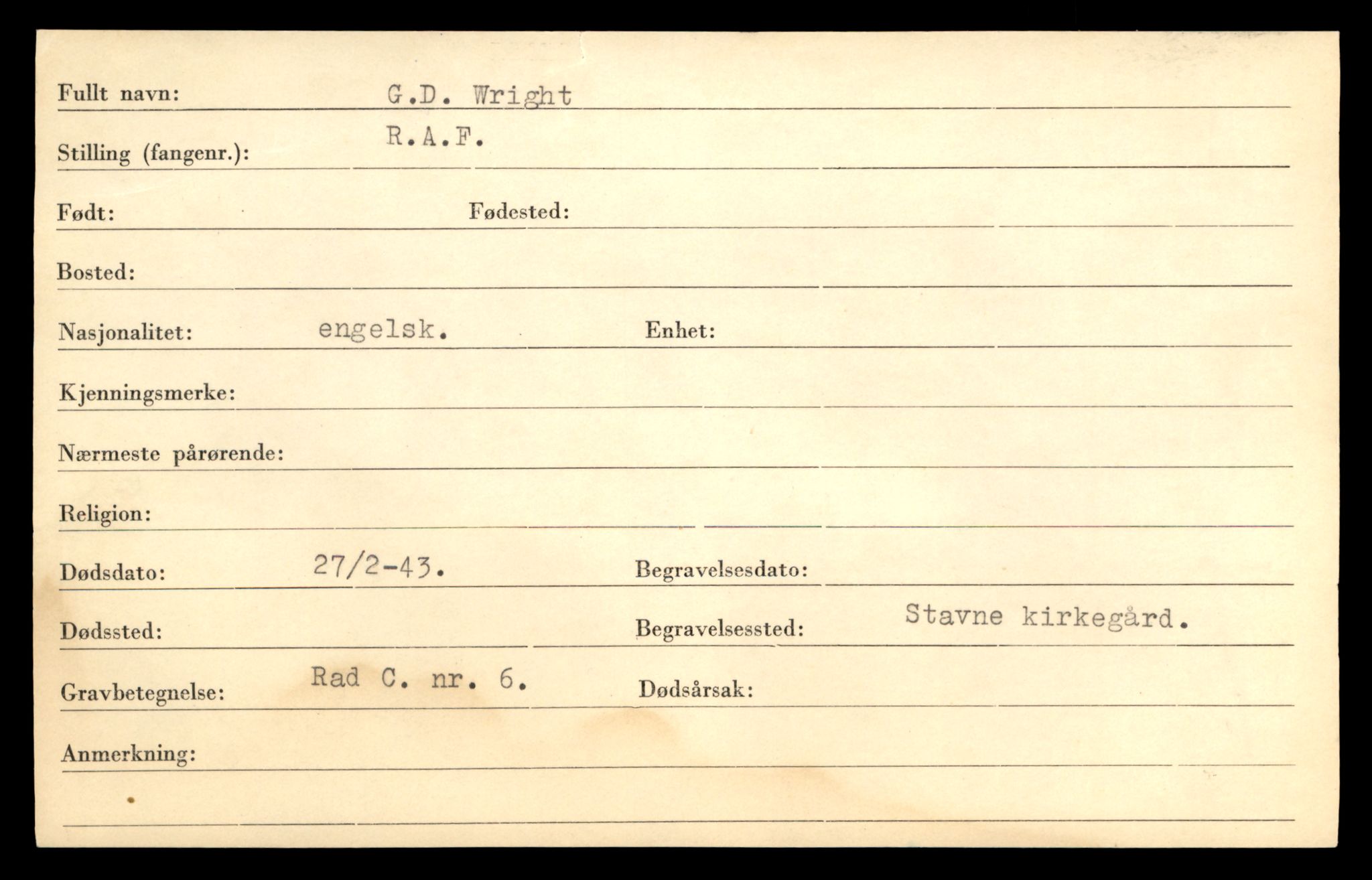 Distriktskontoret for krigsgraver, AV/SAT-A-5030/E/L0005: Kasett/kartotek over falne Britiske og tyske solater, samt andre nasjoners krigsgraver, 1945, p. 2215