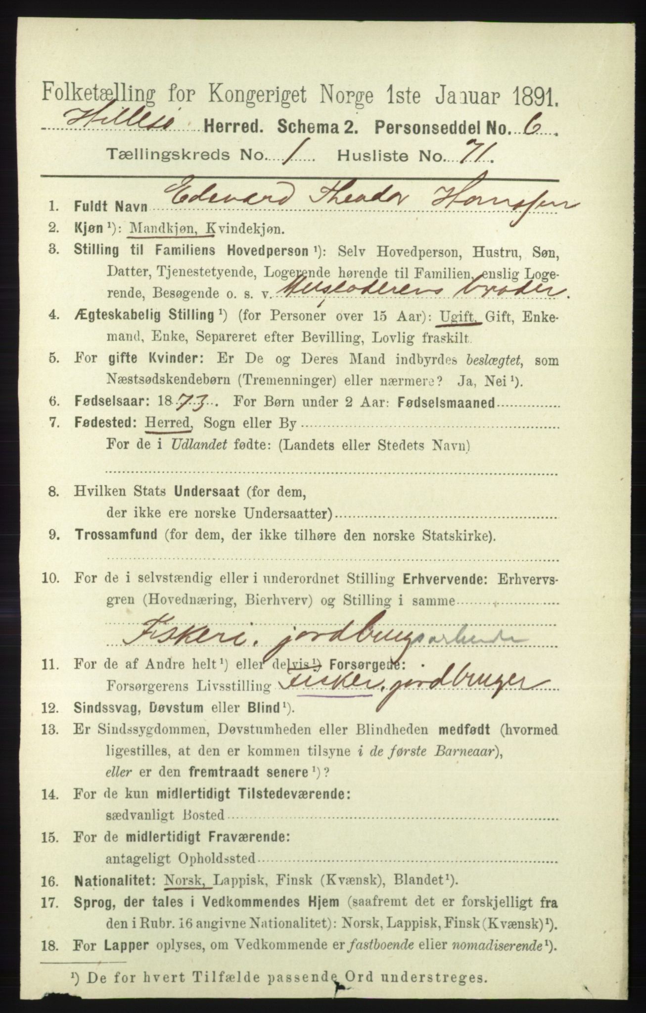 RA, 1891 census for 1930 Hillesøy, 1891, p. 565