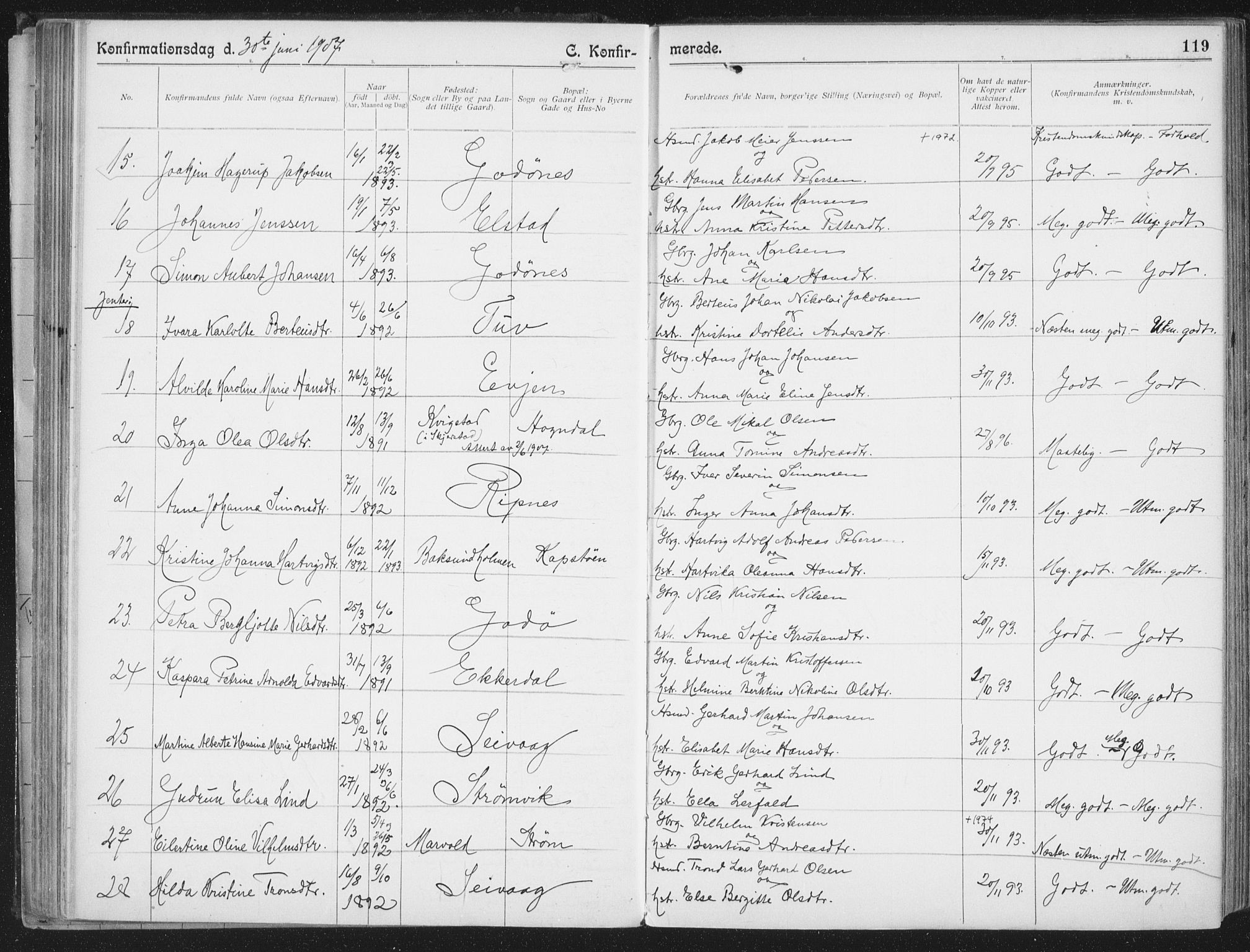 Ministerialprotokoller, klokkerbøker og fødselsregistre - Nordland, AV/SAT-A-1459/804/L0081: Parish register (official) no. 804A02, 1901-1915, p. 119