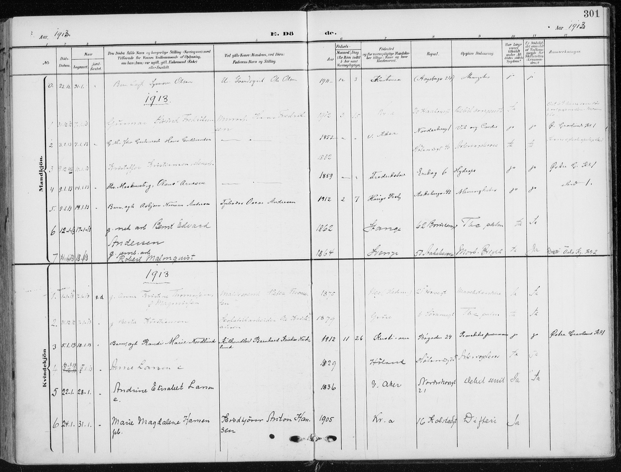 Kampen prestekontor Kirkebøker, SAO/A-10853/F/Fa/L0011: Parish register (official) no. I 11, 1907-1917, p. 301