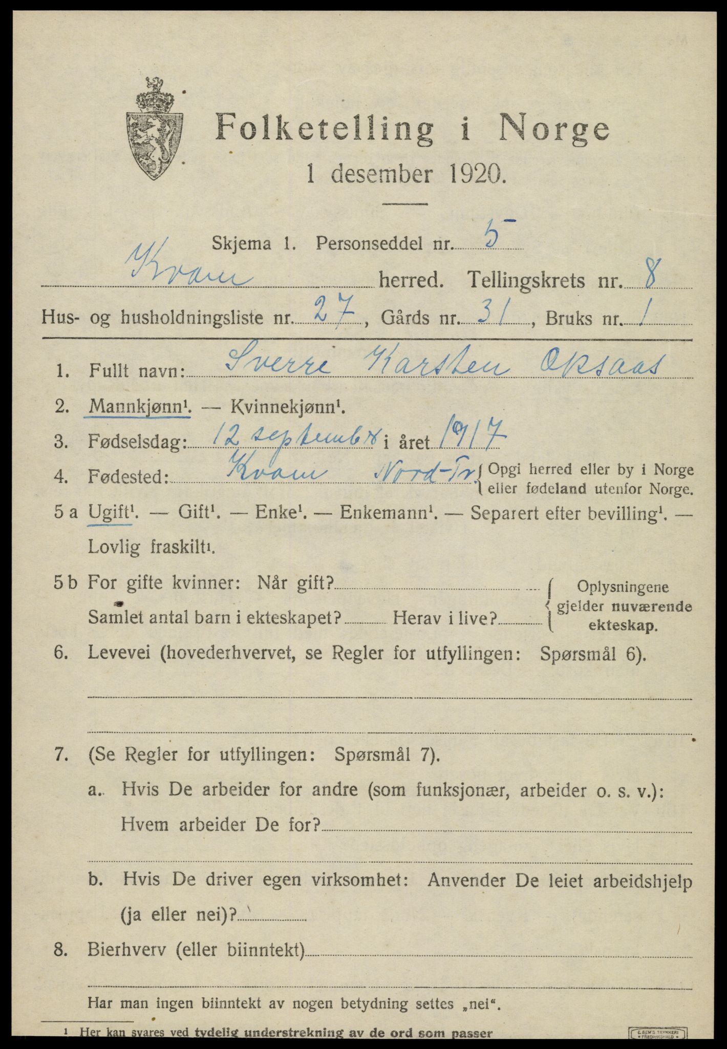 SAT, 1920 census for Kvam, 1920, p. 2287