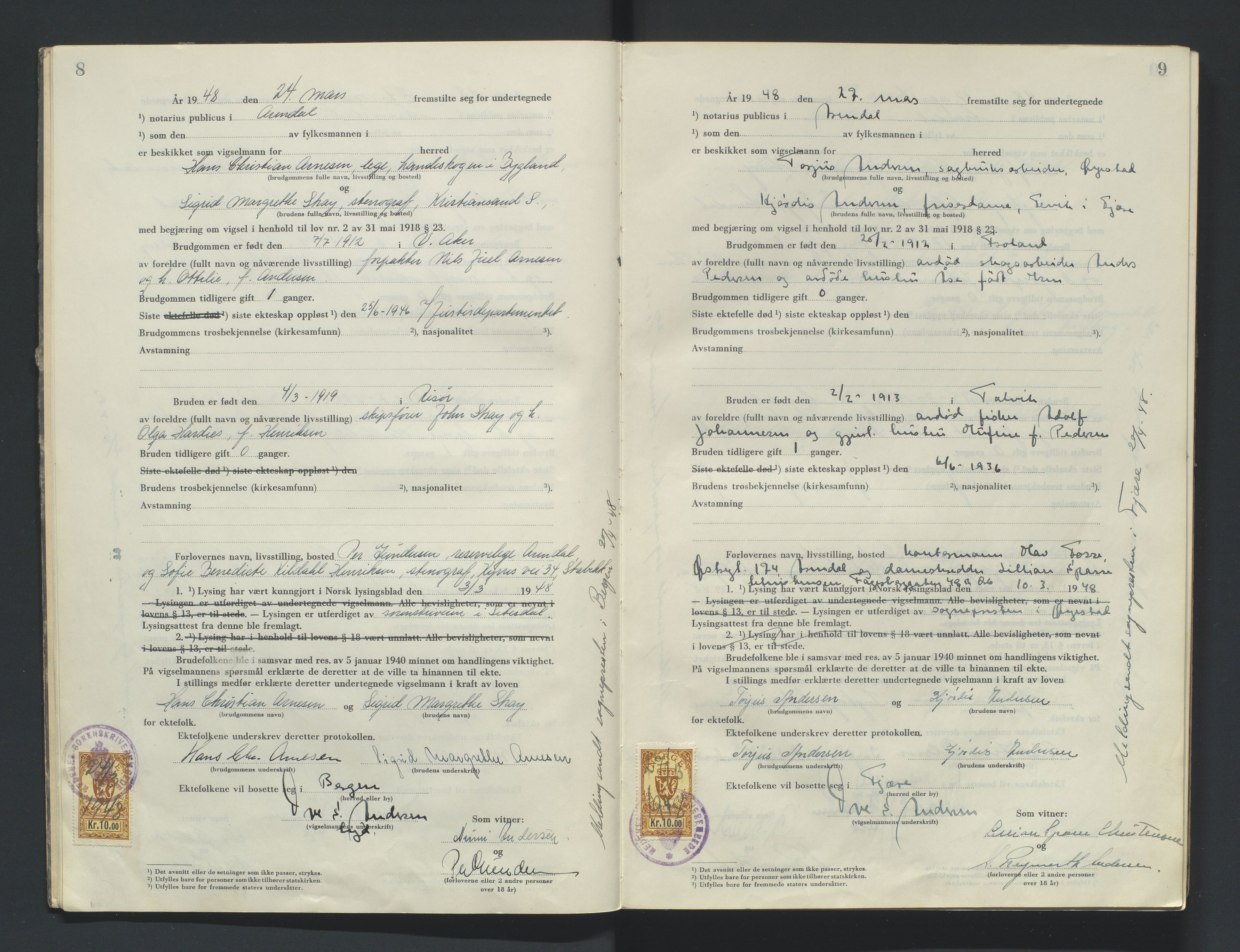 Nedenes sorenskriveri, AV/SAK-1221-0006/L/Ld/L0003/0001: Vigselsbøker / Vigselbok, 1948-1953, p. 8-9