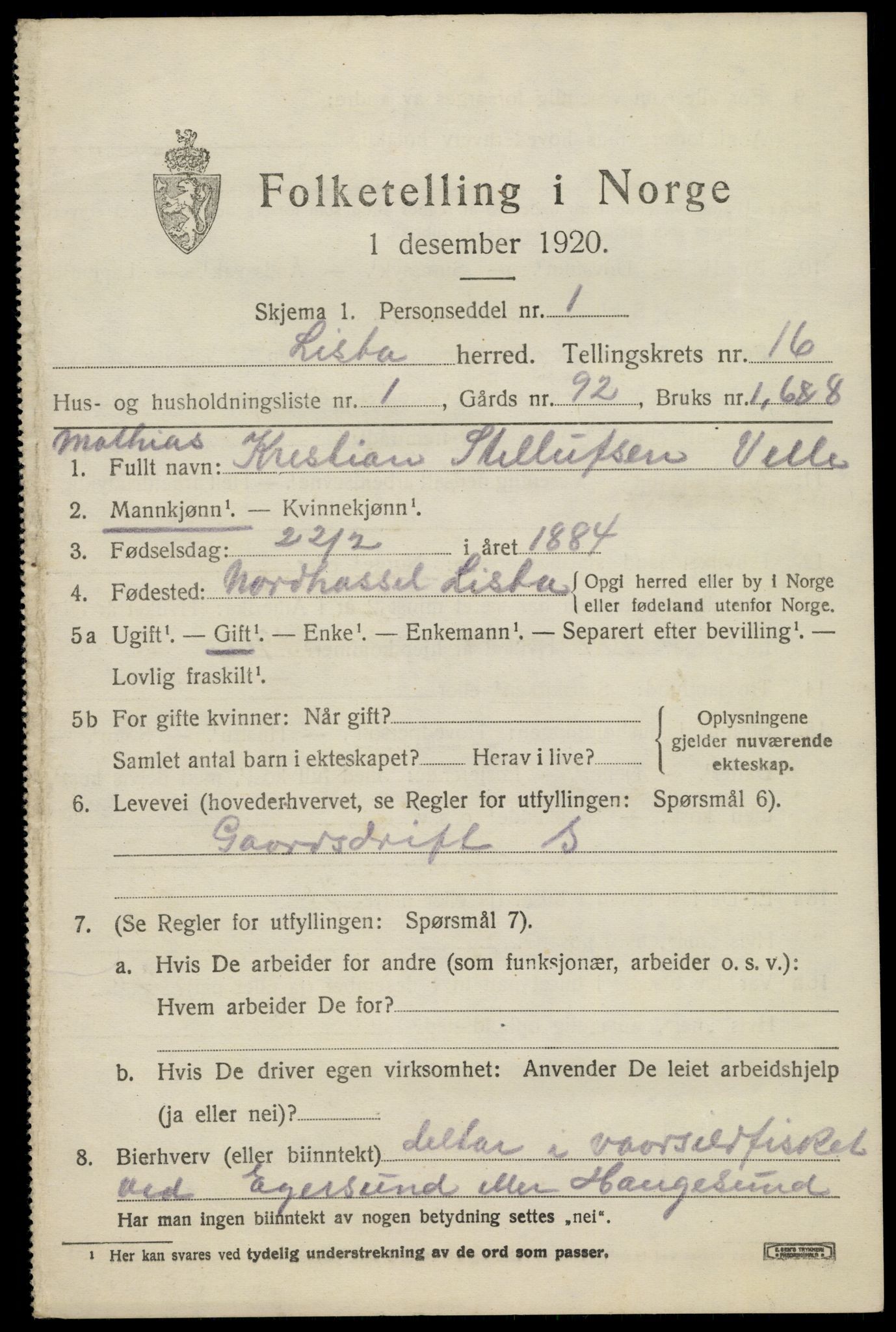 SAK, 1920 census for Lista, 1920, p. 12929