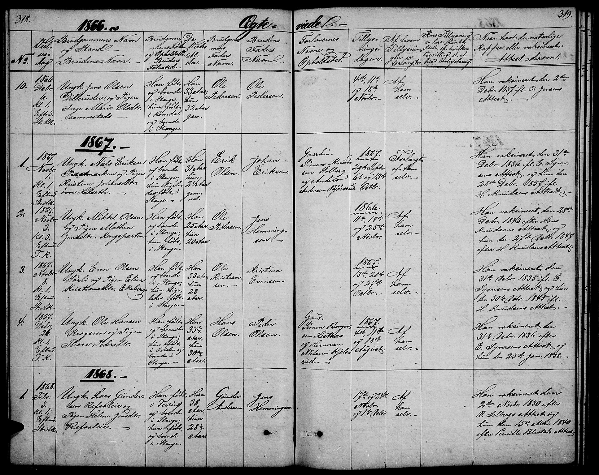 Stange prestekontor, SAH/PREST-002/L/L0005: Parish register (copy) no. 5, 1861-1881, p. 318-319