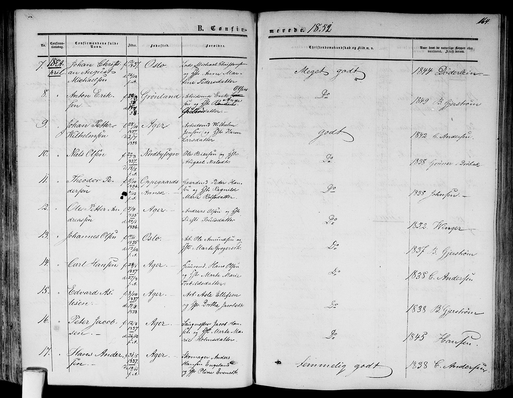 Gamlebyen prestekontor Kirkebøker, AV/SAO-A-10884/F/Fa/L0004: Parish register (official) no. 4, 1850-1857, p. 164