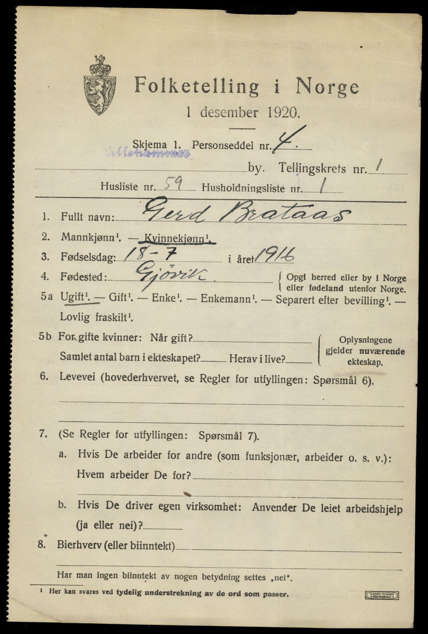 SAH, 1920 census for Lillehammer, 1920, p. 4660