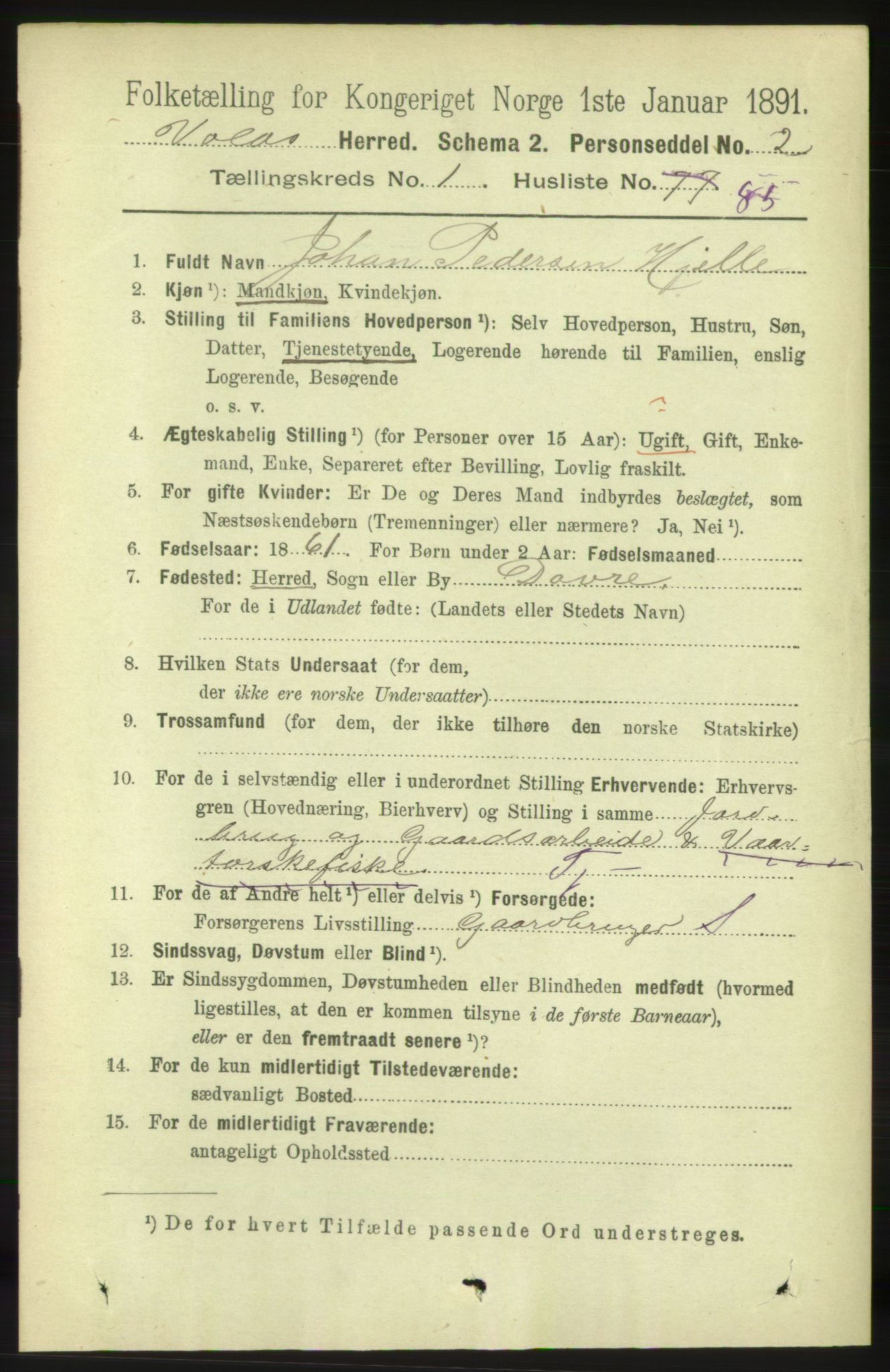 RA, 1891 census for 1537 Voll, 1891, p. 648