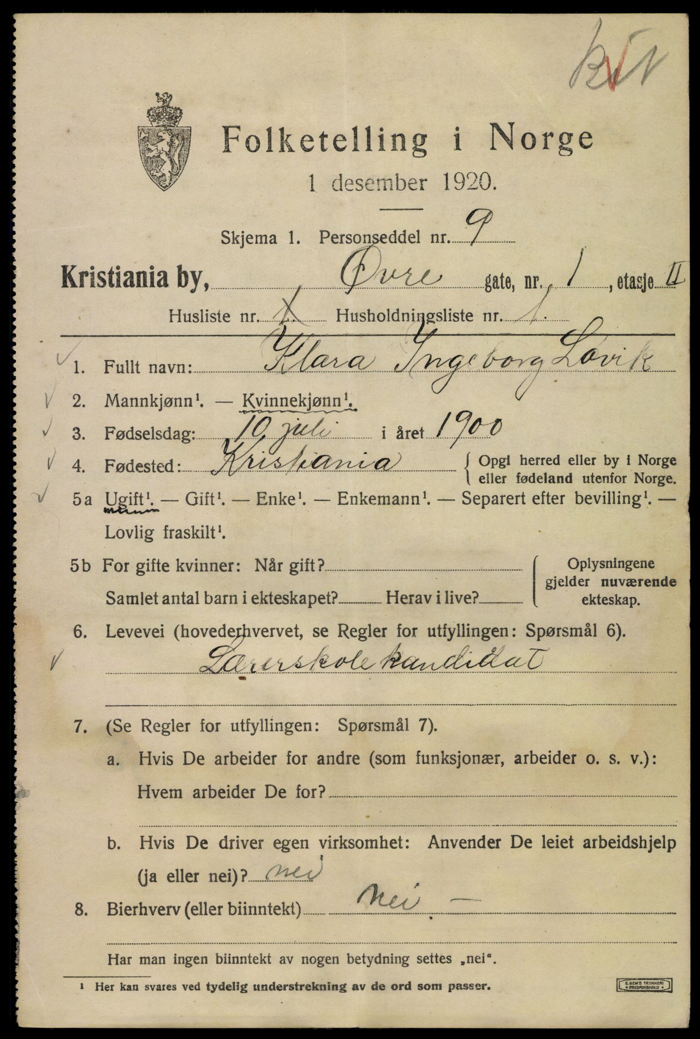 SAO, 1920 census for Kristiania, 1920, p. 658877