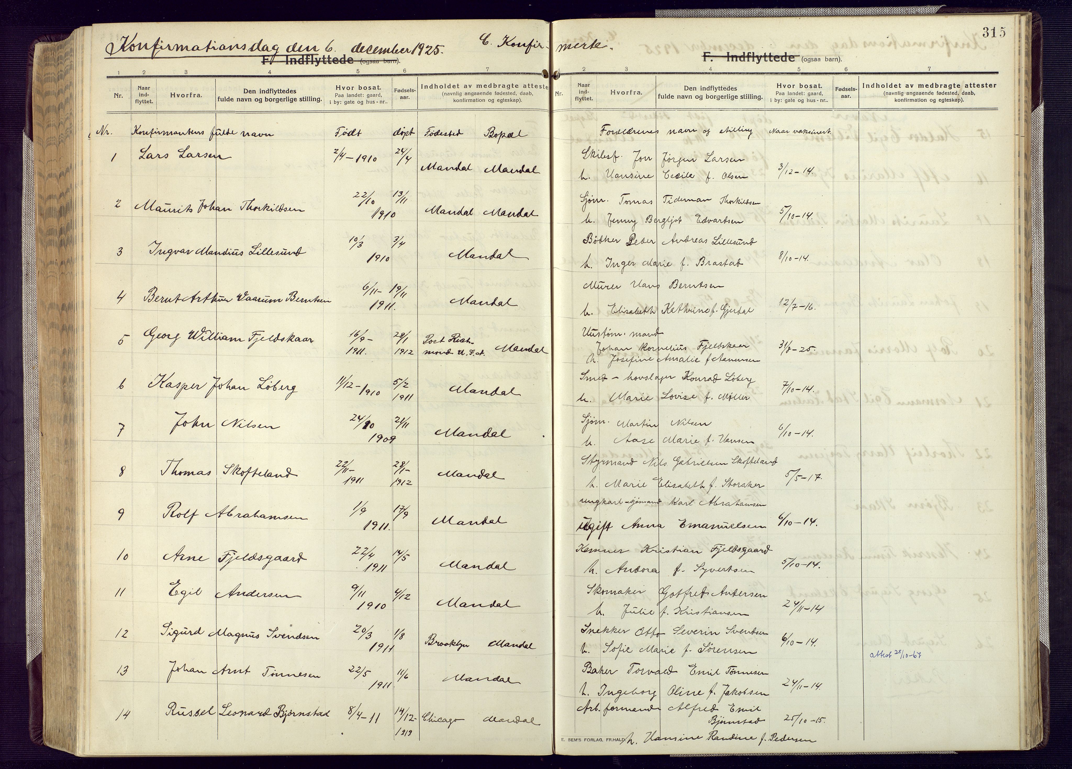 Mandal sokneprestkontor, AV/SAK-1111-0030/F/Fa/Fac/L0001: Parish register (official) no. A 1, 1913-1925, p. 315