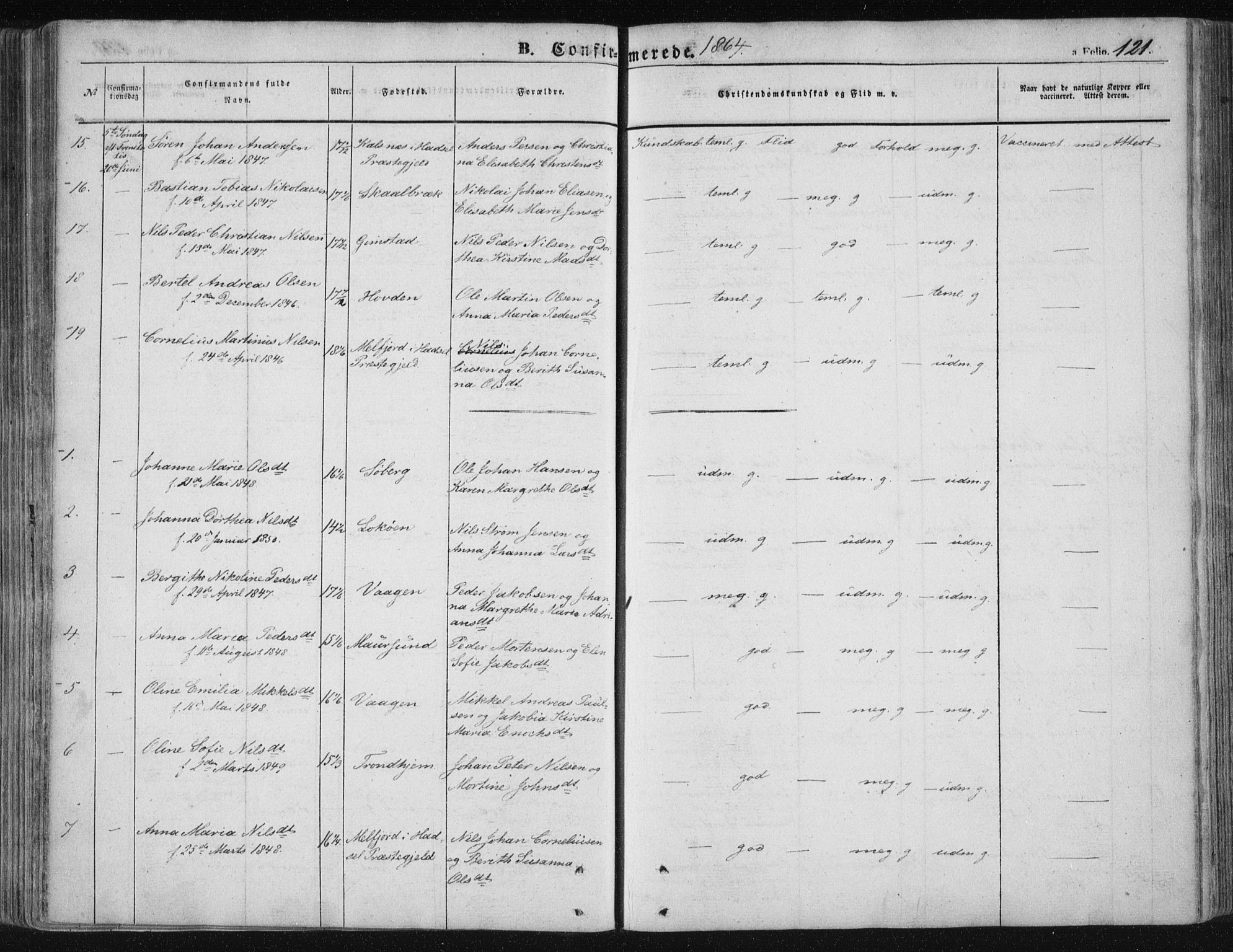Ministerialprotokoller, klokkerbøker og fødselsregistre - Nordland, SAT/A-1459/891/L1300: Parish register (official) no. 891A05, 1856-1870, p. 121
