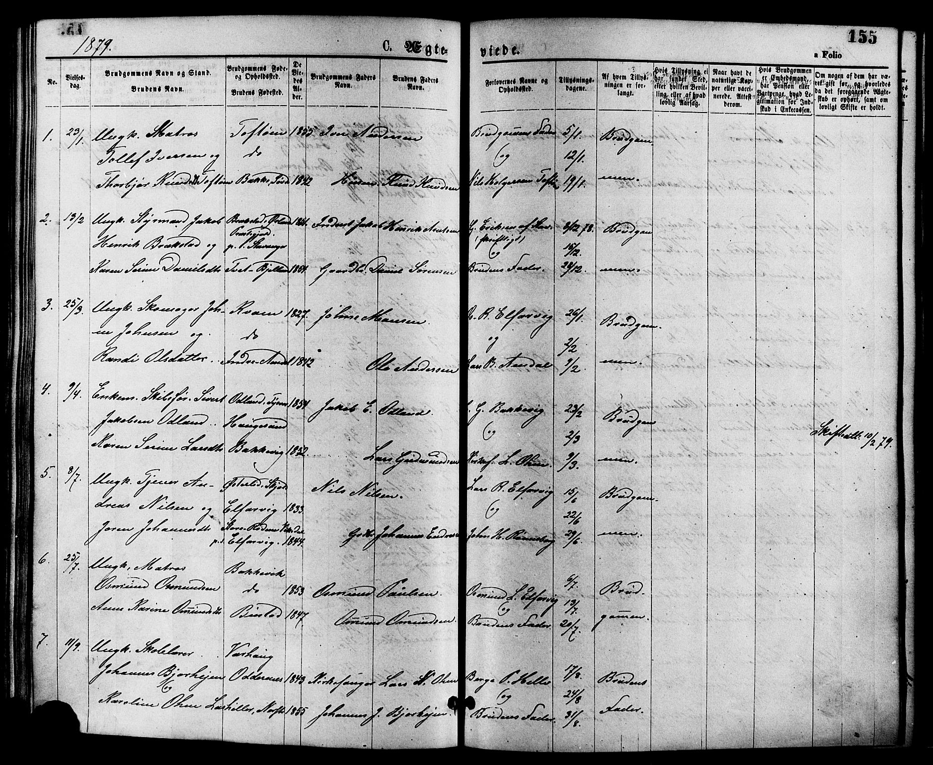 Nedstrand sokneprestkontor, AV/SAST-A-101841/01/IV: Parish register (official) no. A 11, 1877-1887, p. 155