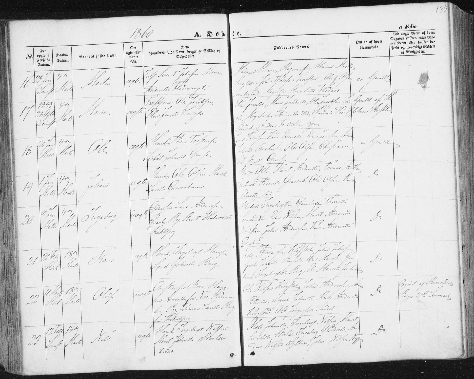 Ministerialprotokoller, klokkerbøker og fødselsregistre - Sør-Trøndelag, AV/SAT-A-1456/691/L1076: Parish register (official) no. 691A08, 1852-1861, p. 135