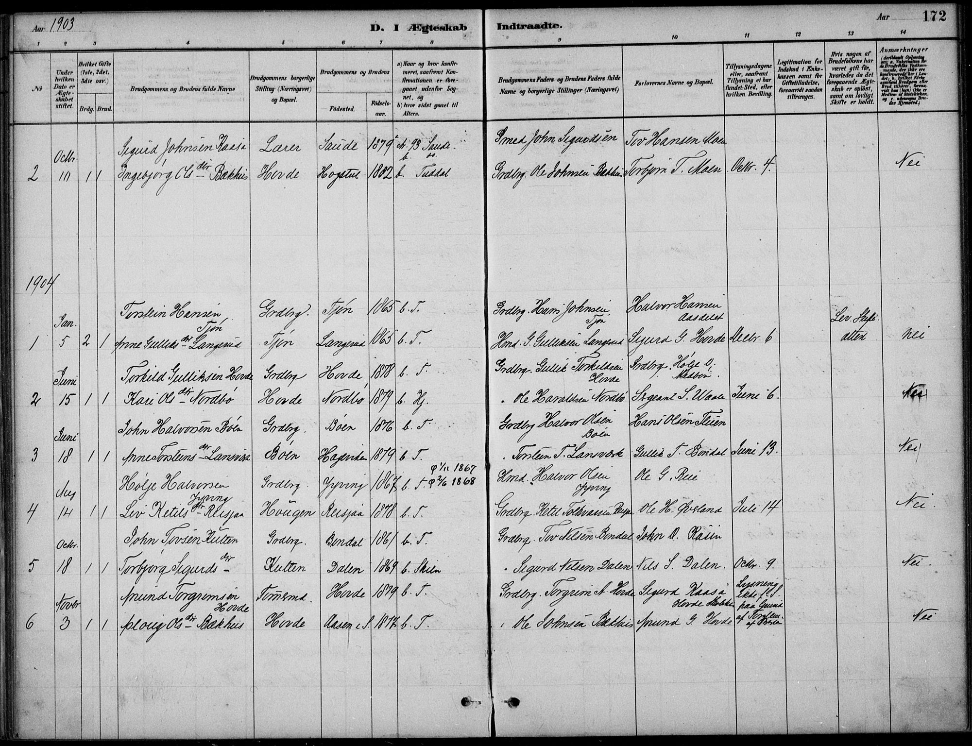 Hjartdal kirkebøker, AV/SAKO-A-270/F/Fc/L0002: Parish register (official) no. III 2, 1880-1936, p. 172