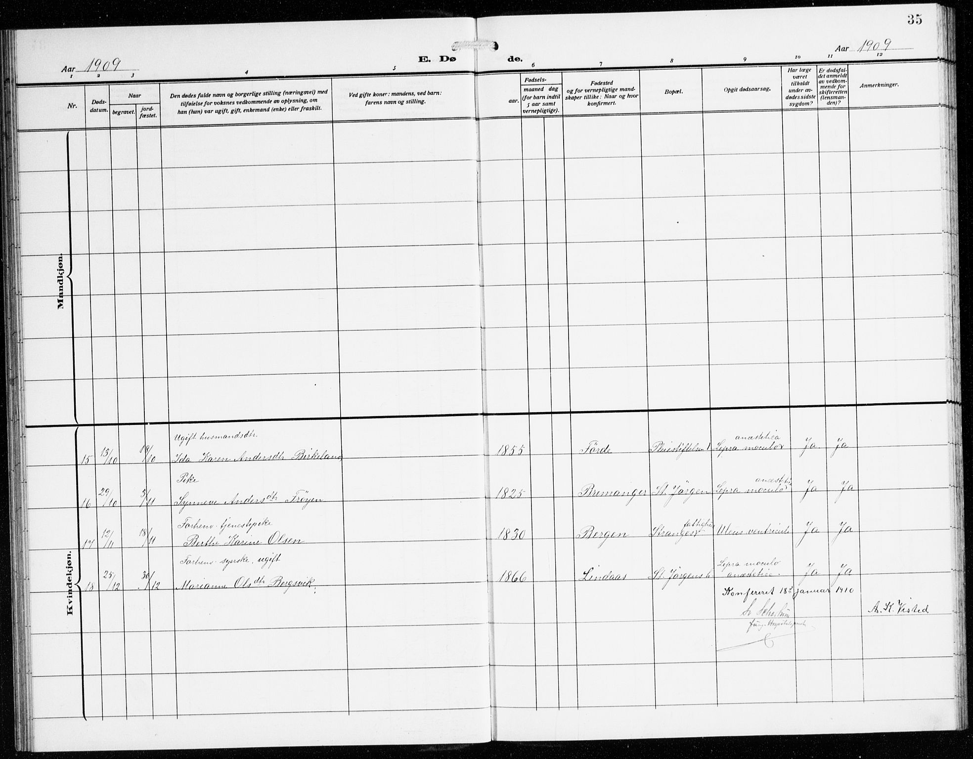 St. Jørgens hospital og Årstad sokneprestembete, AV/SAB-A-99934: Parish register (copy) no. A 11, 1909-1935, p. 35