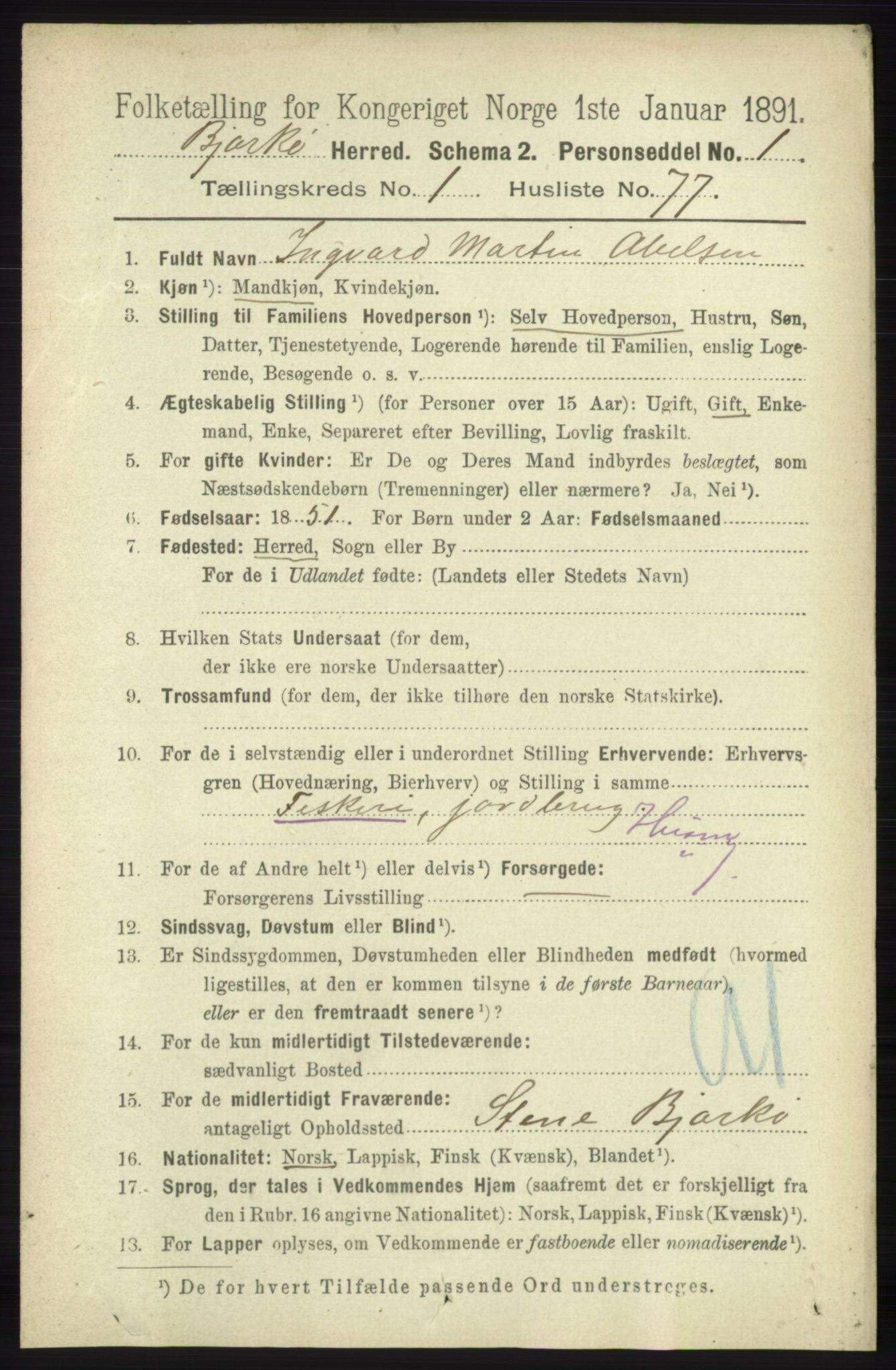 RA, 1891 census for 1915 Bjarkøy, 1891, p. 558