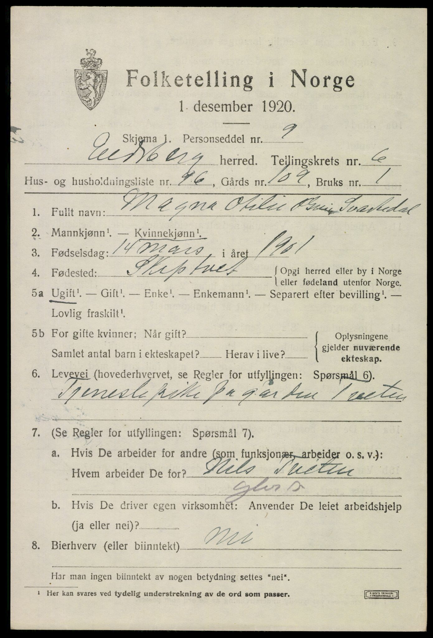 SAO, 1920 census for Eidsberg, 1920, p. 8501
