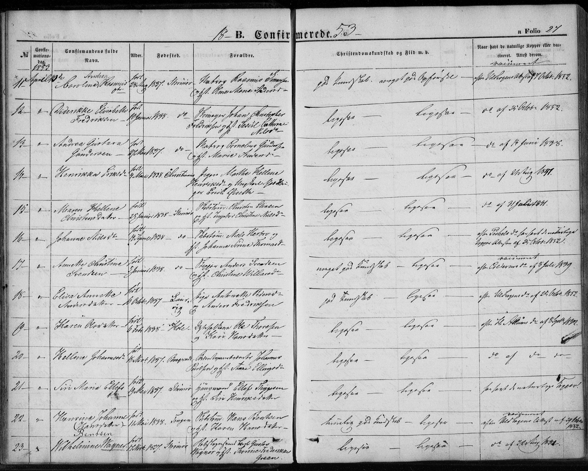 Strømsø kirkebøker, AV/SAKO-A-246/F/Fa/L0017: Parish register (official) no. I 17, 1848-1865, p. 27