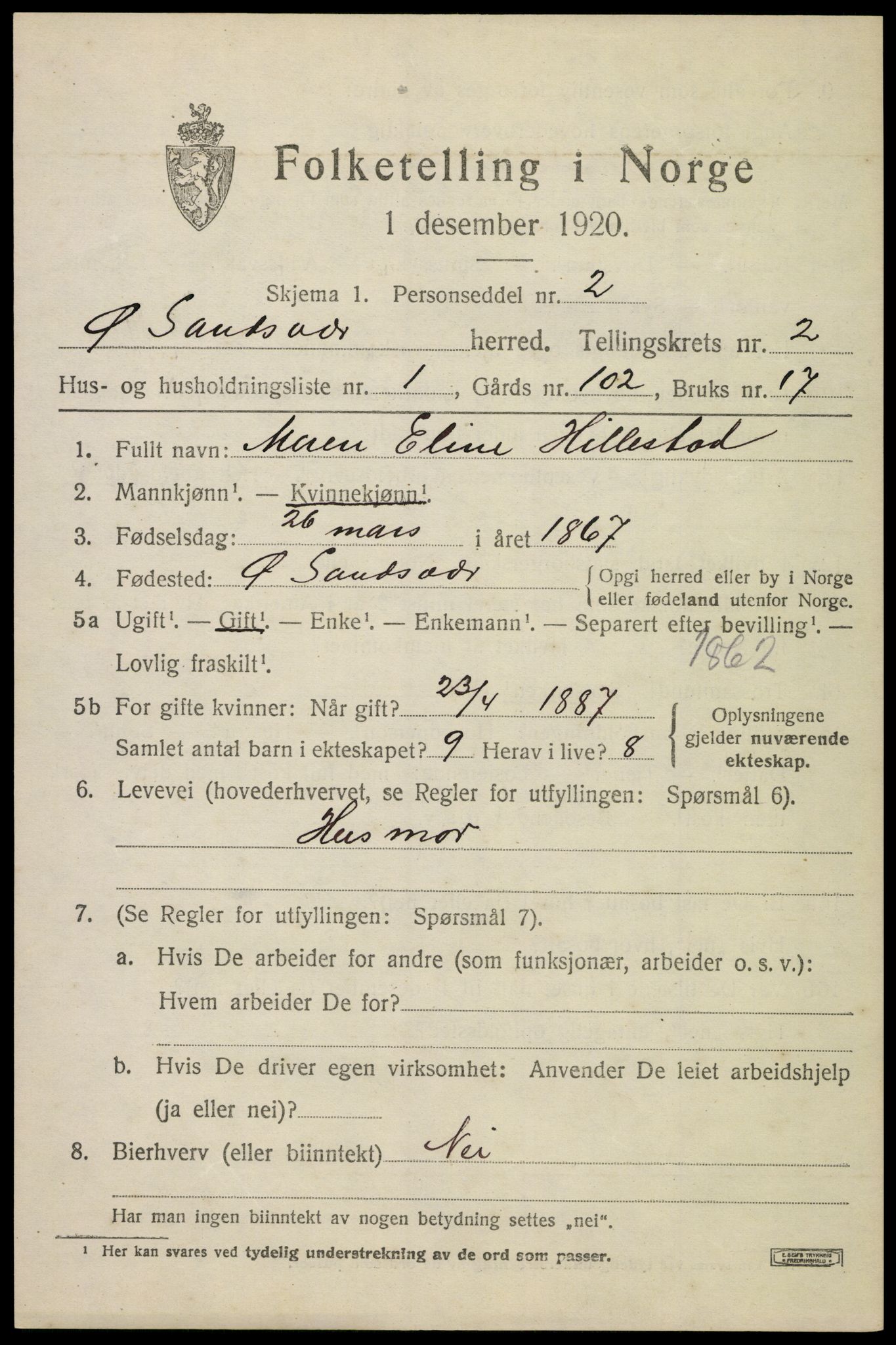 SAKO, 1920 census for Øvre Sandsvær, 1920, p. 1598