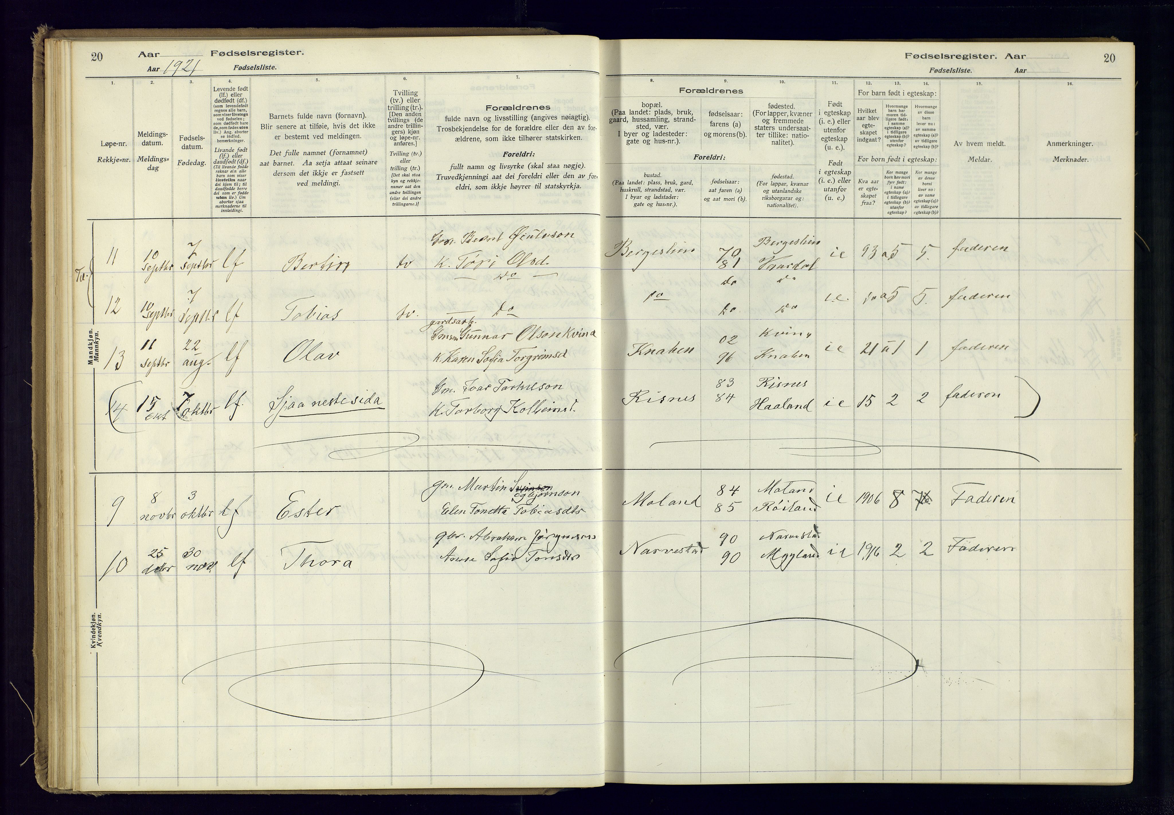 Fjotland sokneprestkontor, AV/SAK-1111-0010/J/Ja/L0001: Birth register no. 1, 1916-1981, p. 20