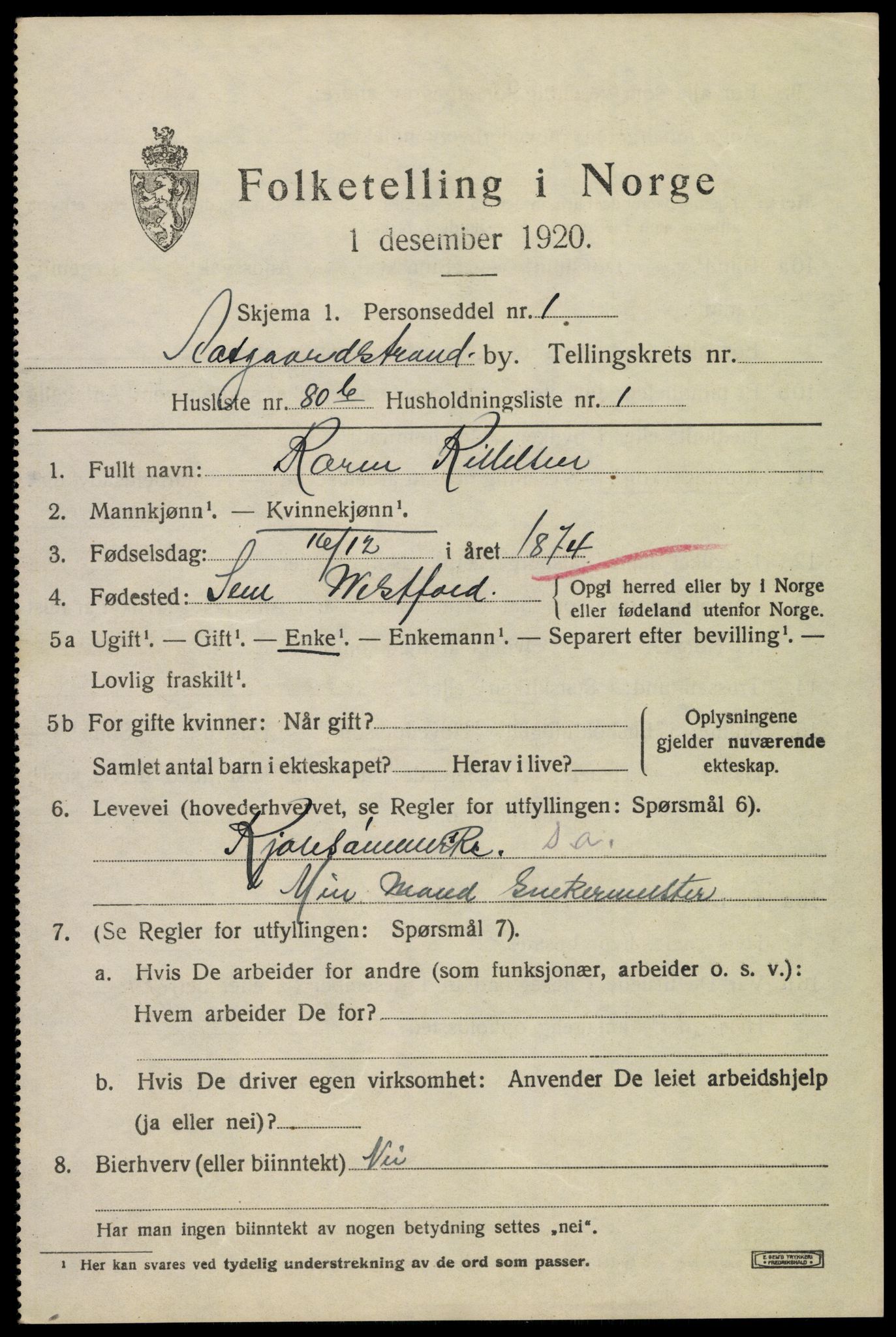 SAKO, 1920 census for Åsgårdstrand, 1920, p. 1211