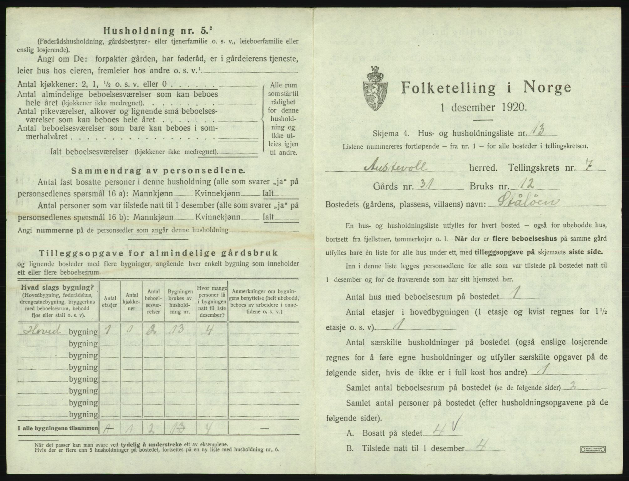 SAB, 1920 census for Austevoll, 1920, p. 477