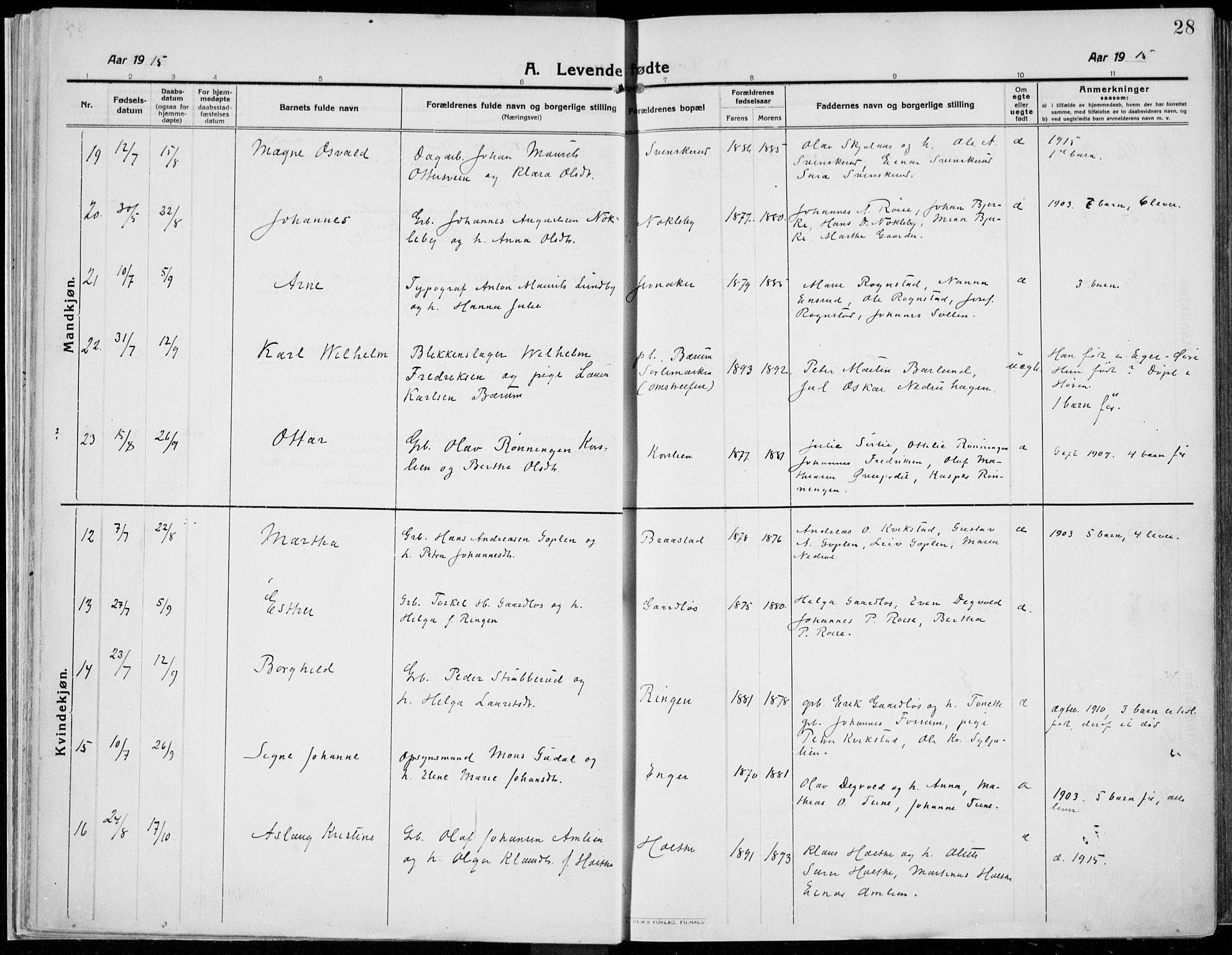 Kolbu prestekontor, AV/SAH-PREST-110/H/Ha/Haa/L0002: Parish register (official) no. 2, 1912-1926, p. 28