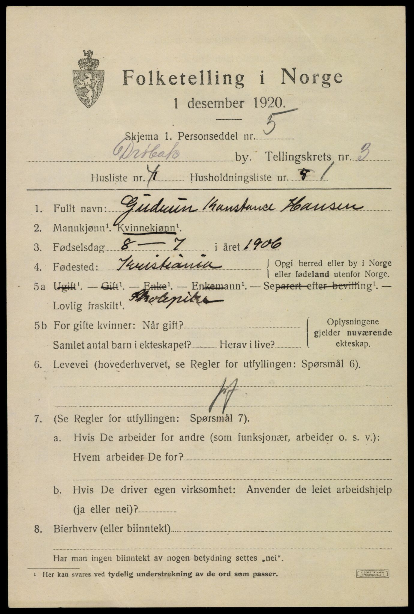 SAO, 1920 census for Drøbak, 1920, p. 3421